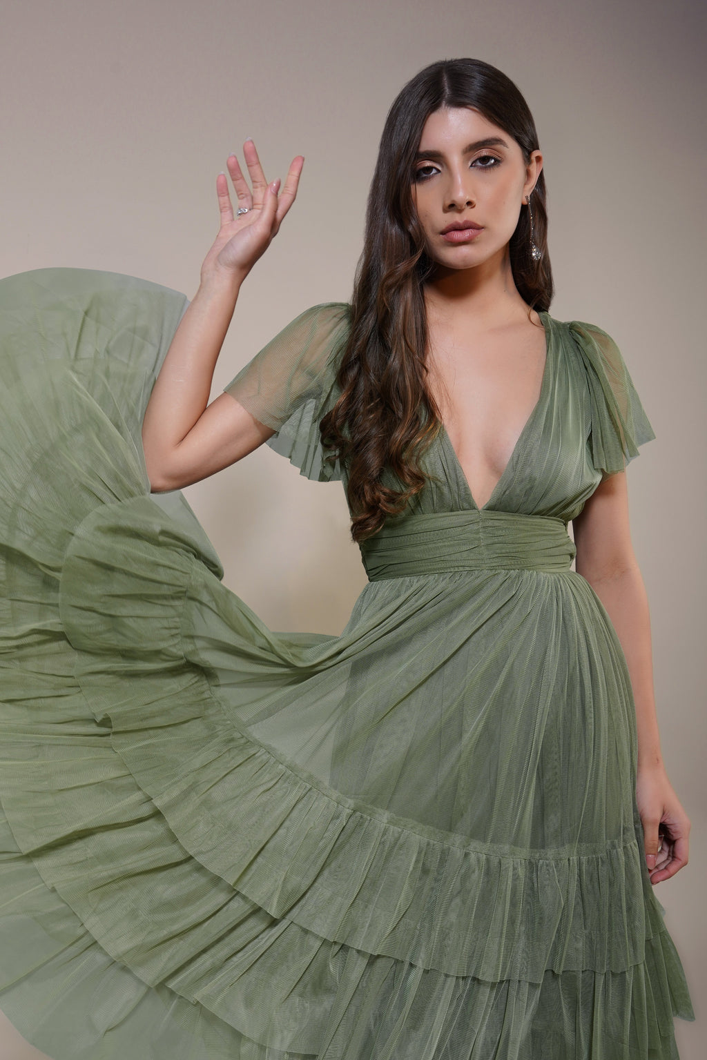 Madison Soft Olive Tulle Bridesmaid Midi Dress