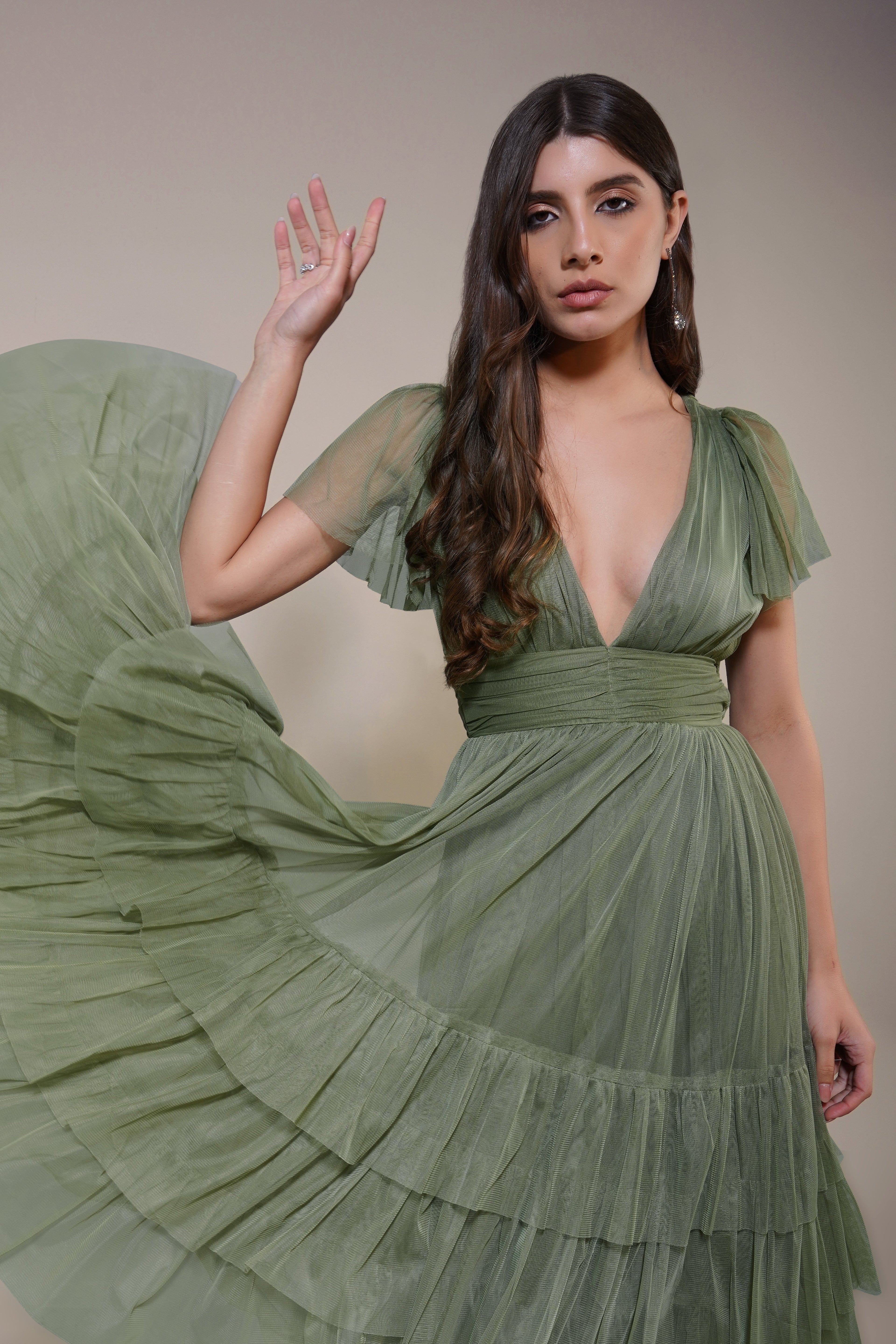 Madison Soft Olive Tulle Bridesmaid Midi Dress