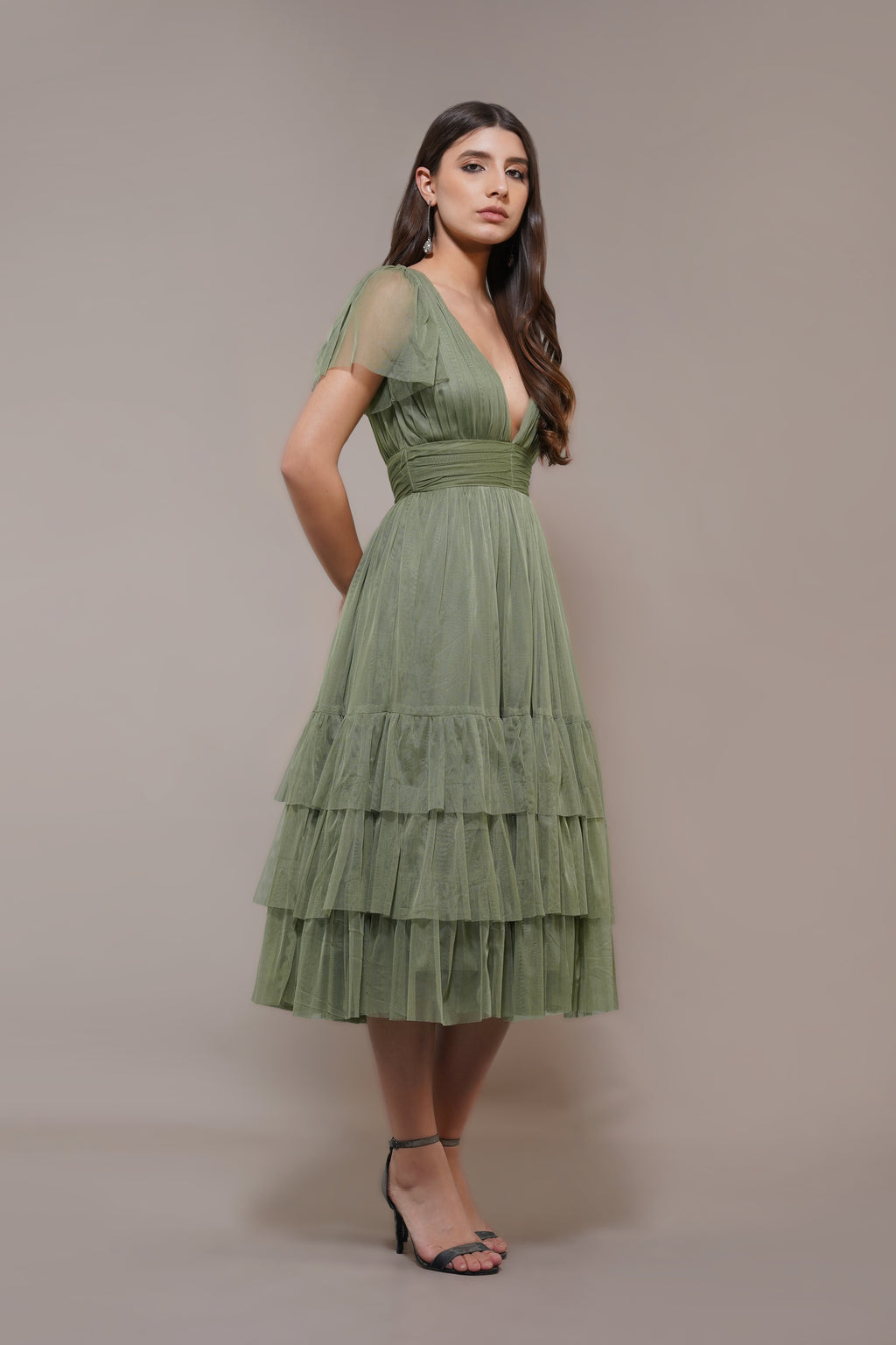 Madison Soft Olive Tulle Bridesmaid Midi Dress