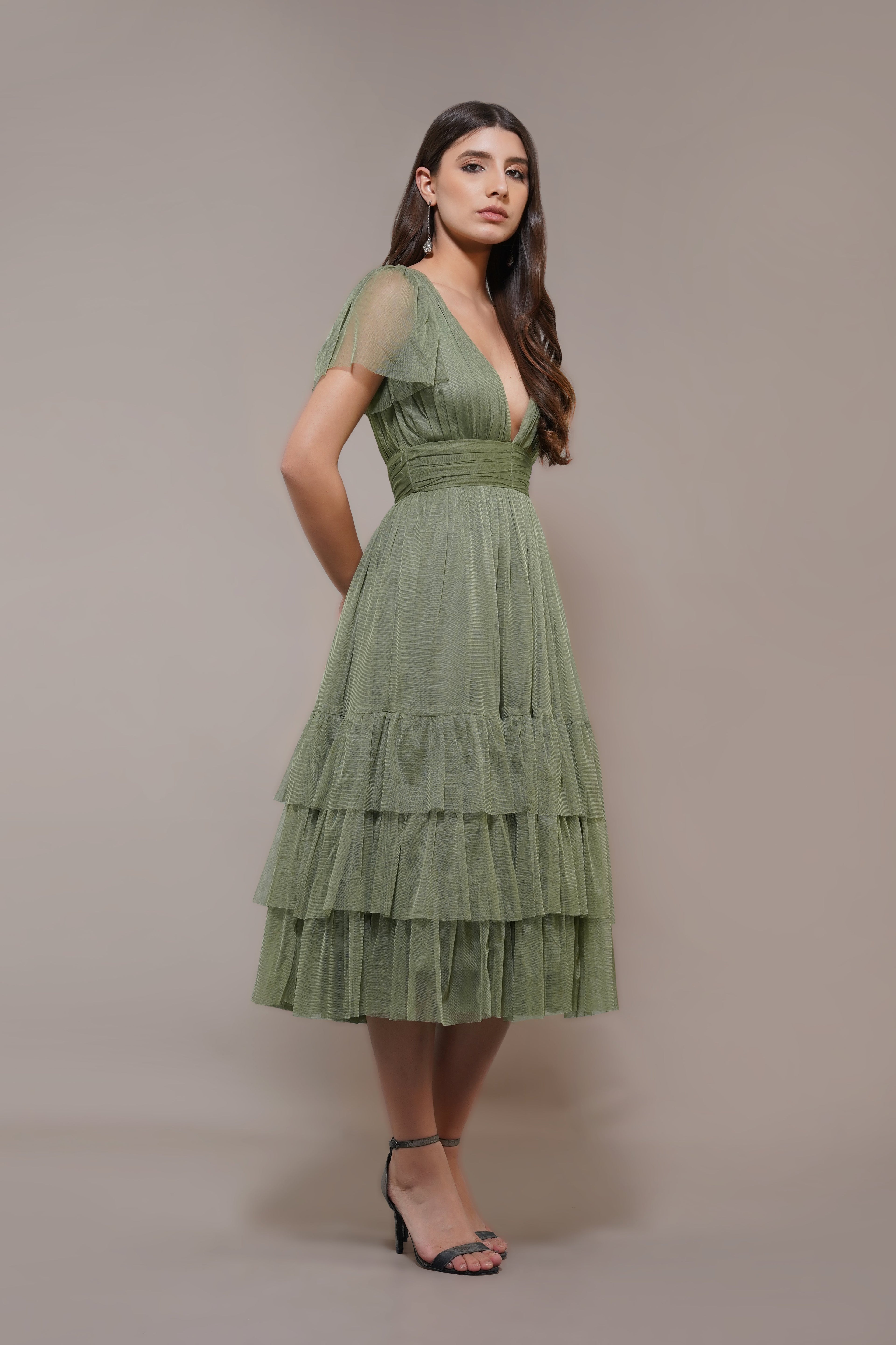Madison Soft Olive Tulle Bridesmaid Midi Dress