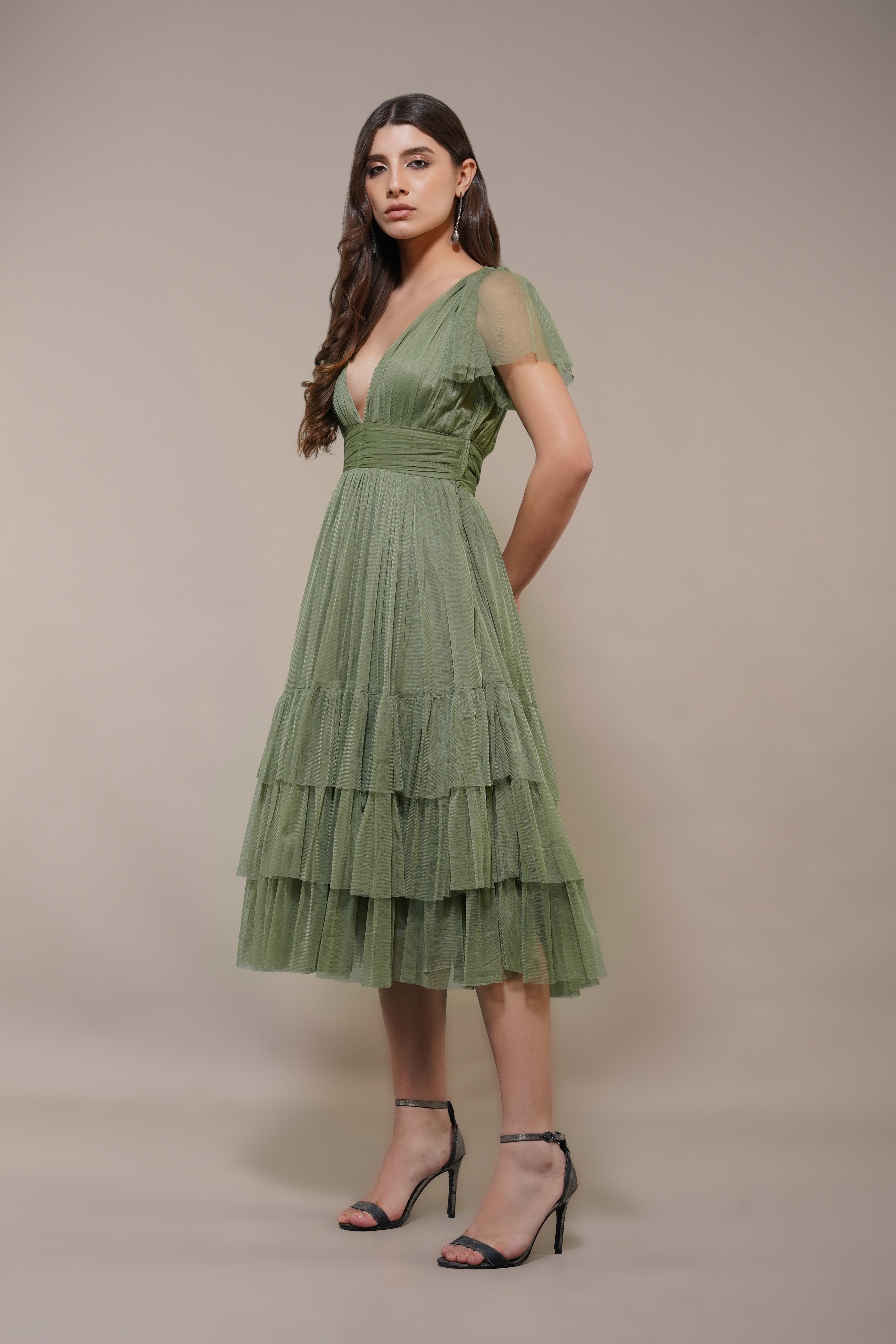 Madison Soft Olive Tulle Bridesmaid Midi Dress