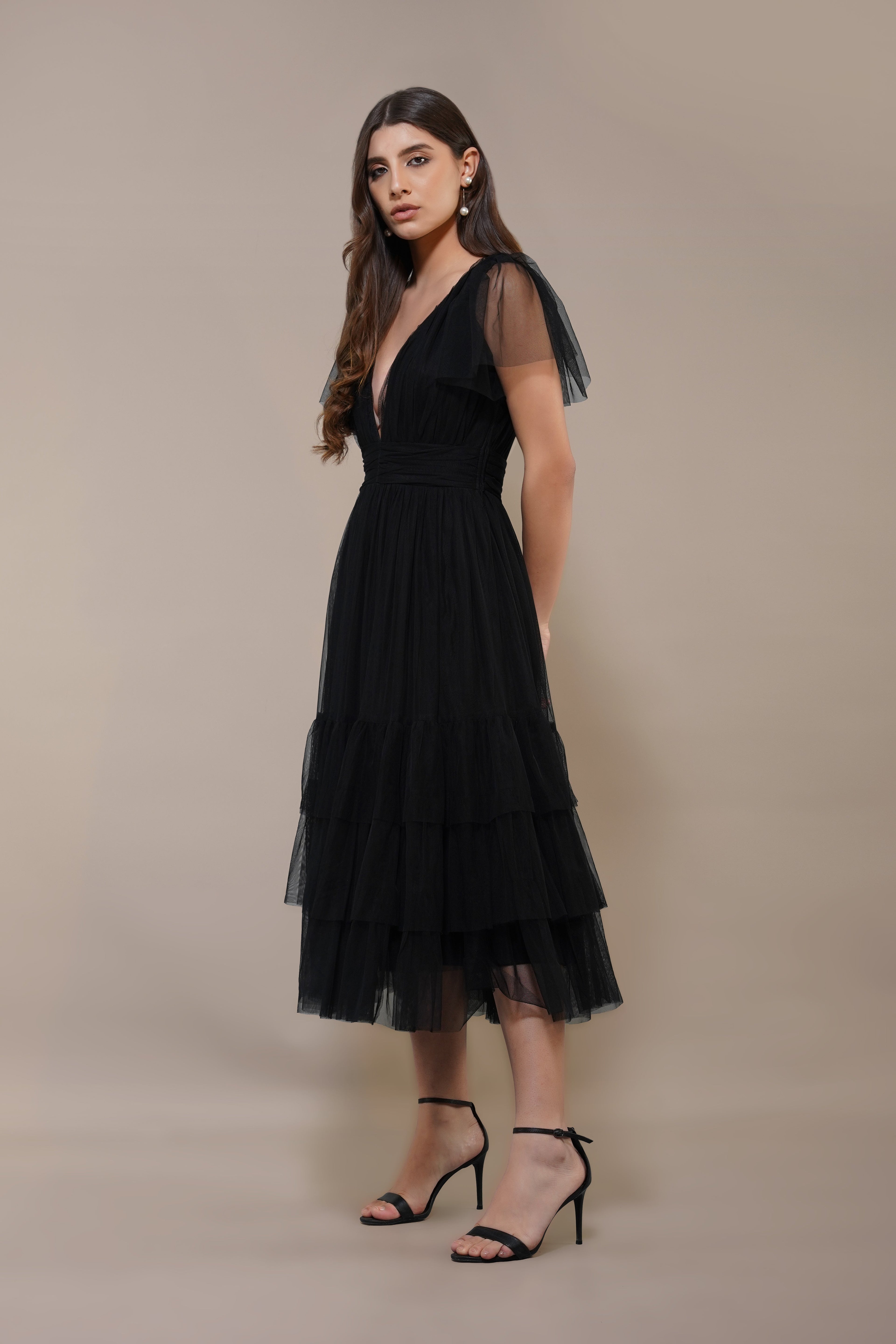 Madison Black Tulle Bridesmaid Midi Dress