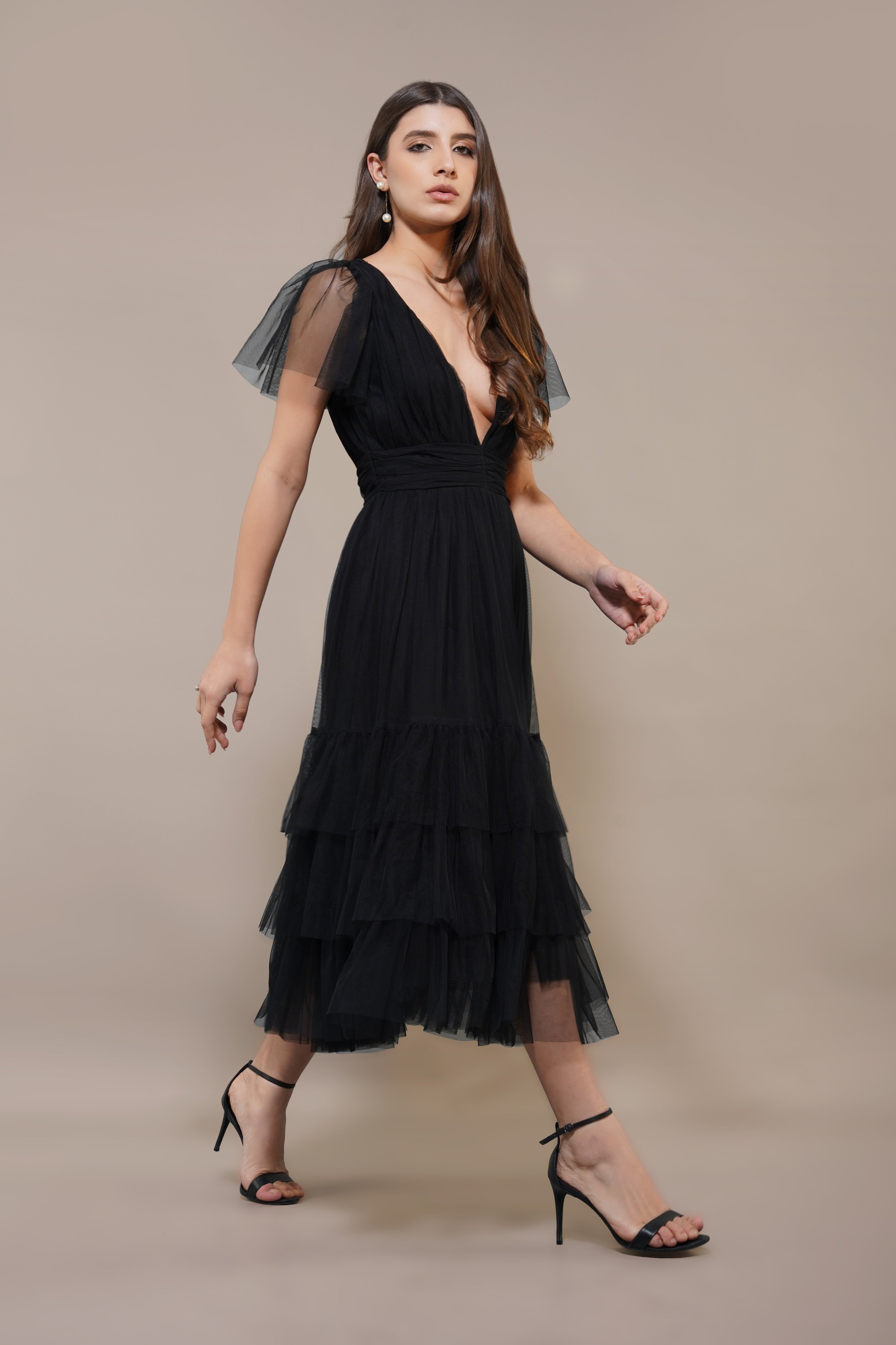 Madison Black Tulle Bridesmaid Midi Dress