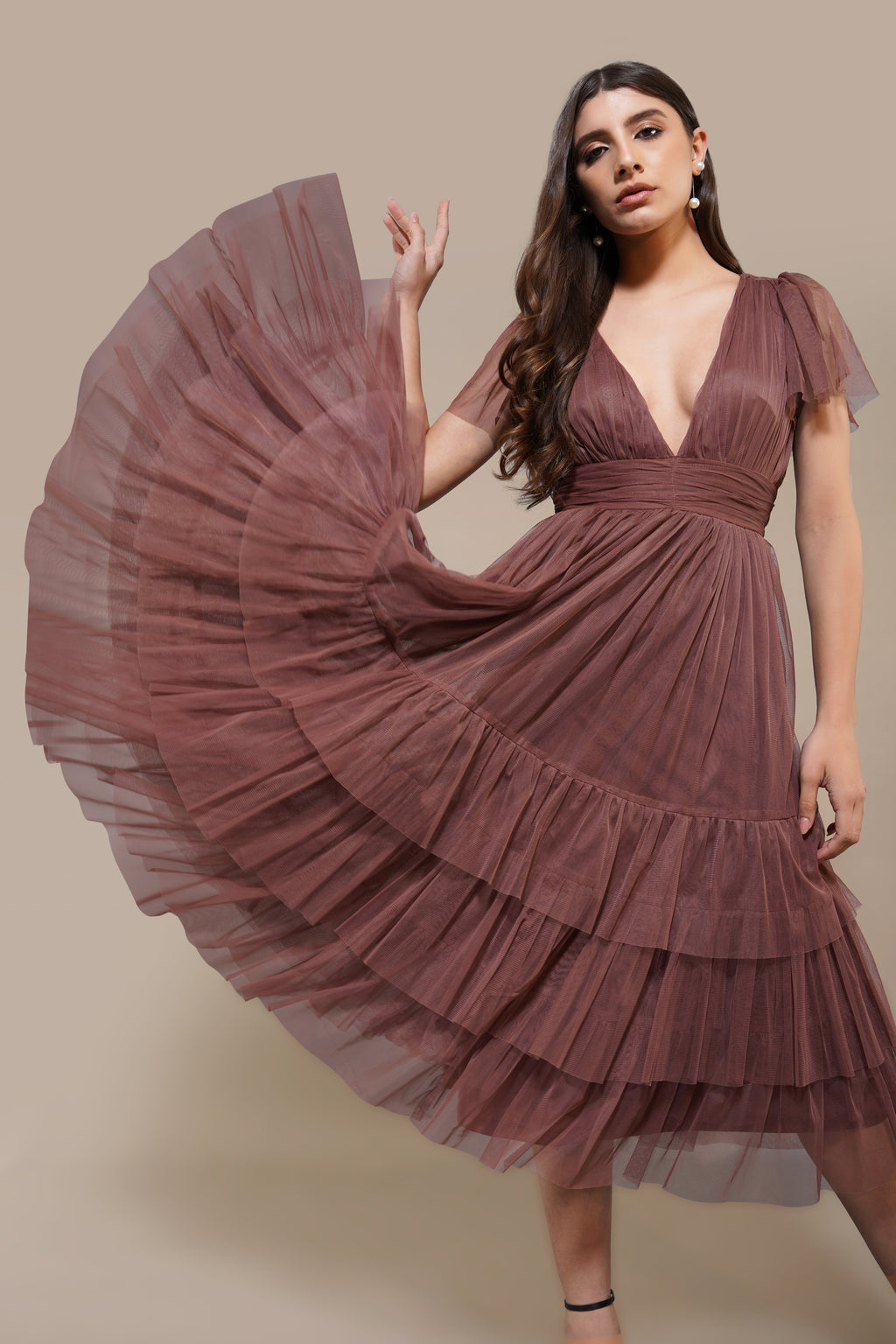 Madison Rose Brown Tulle Bridesmaid Midi Dress