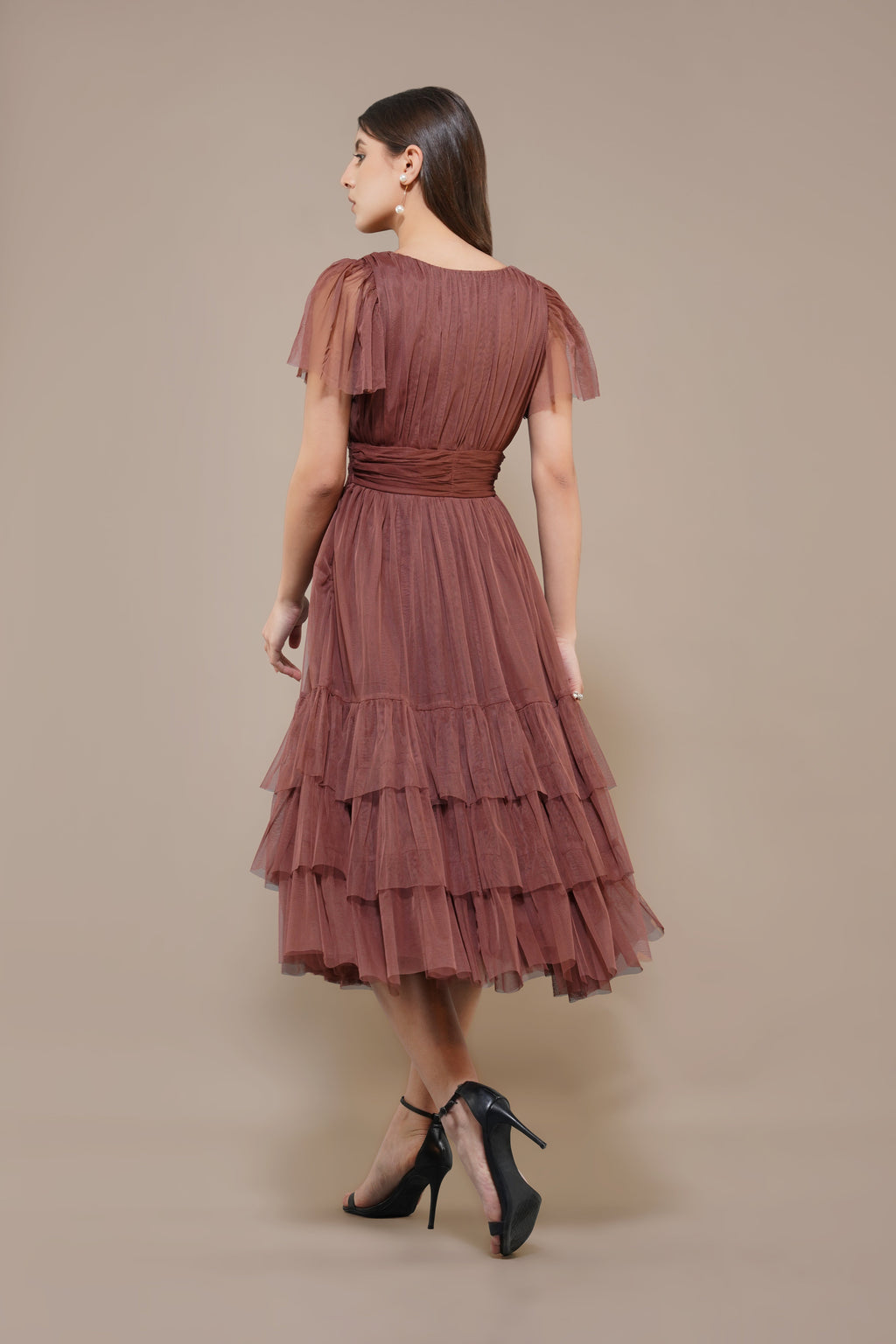 Madison Rose Brown Tulle Bridesmaid Midi Dress