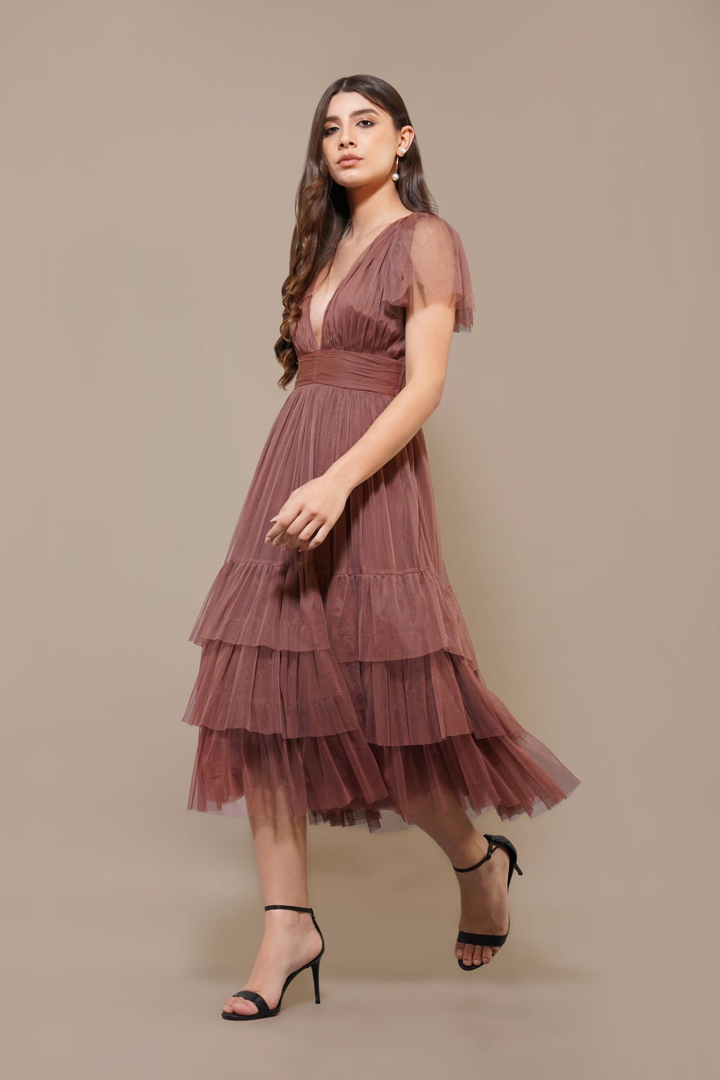 Madison Rose Brown Tulle Bridesmaid Midi Dress
