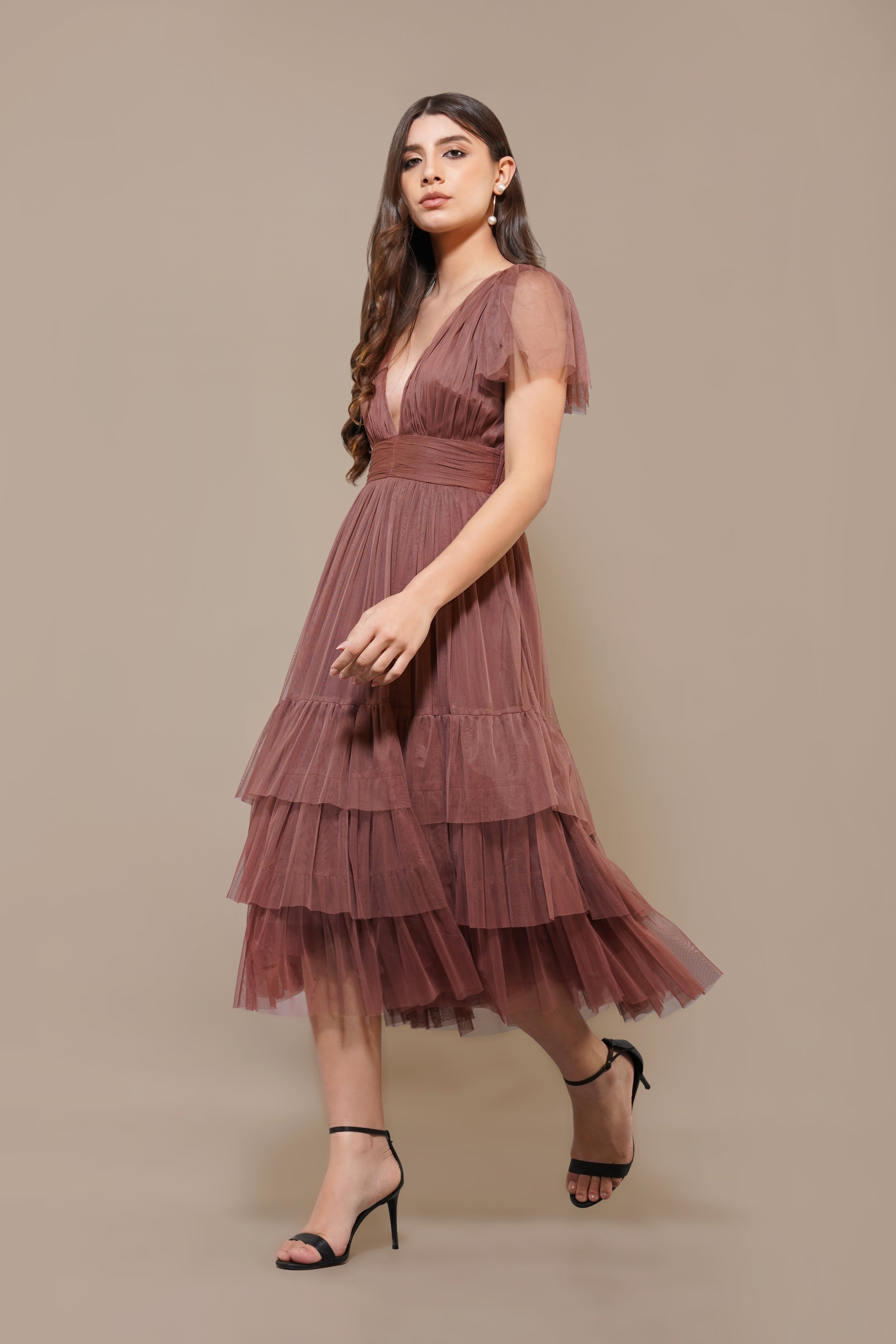 Madison Rose Brown Tulle Bridesmaid Midi Dress
