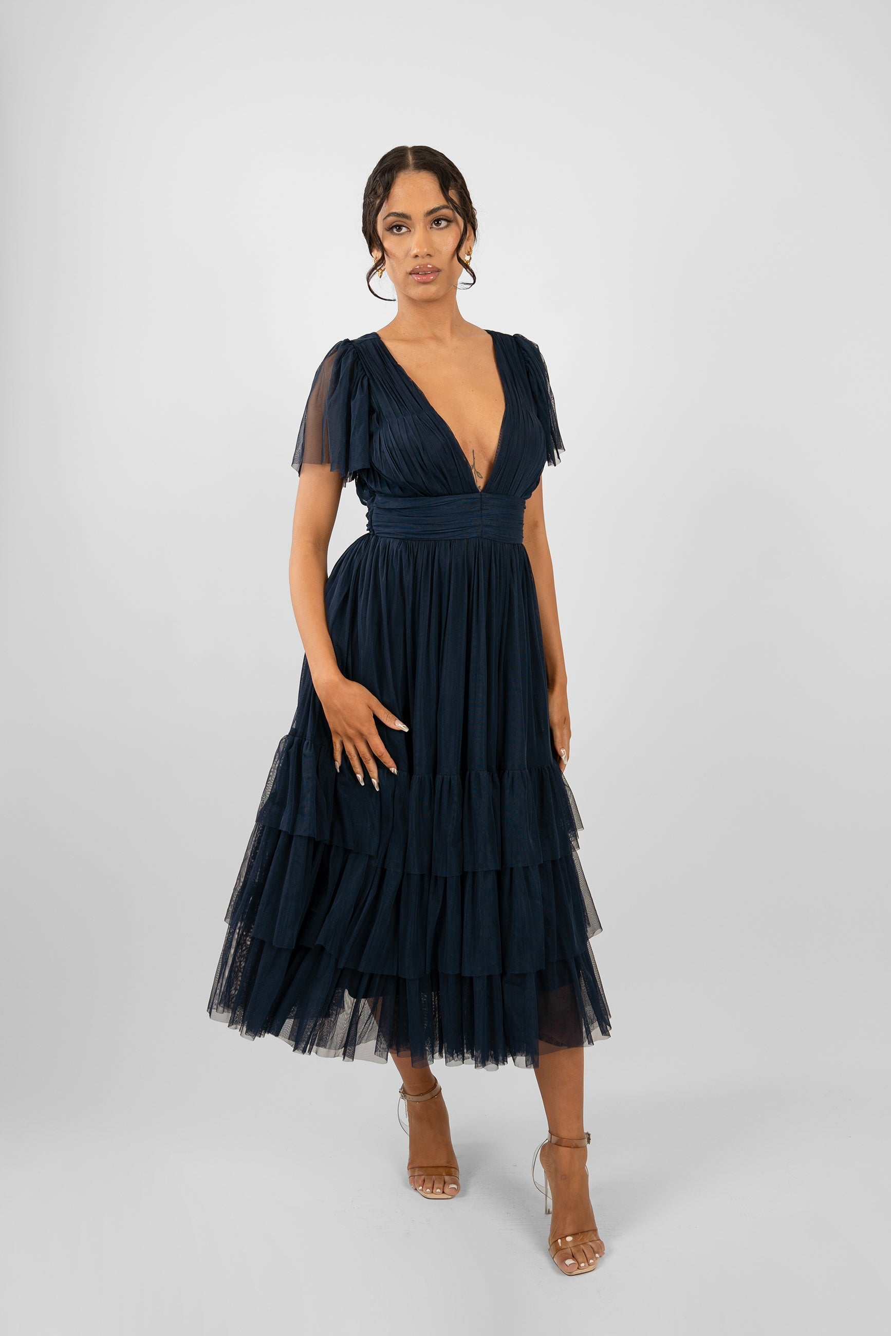 Madison Navy Blue Tulle Bridesmaid Midi Dress