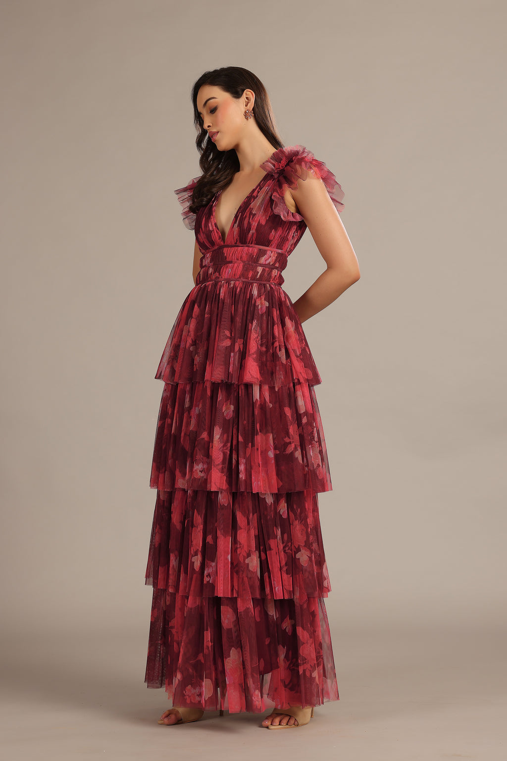 Naomi Maxi Dress in Deep Red Floral