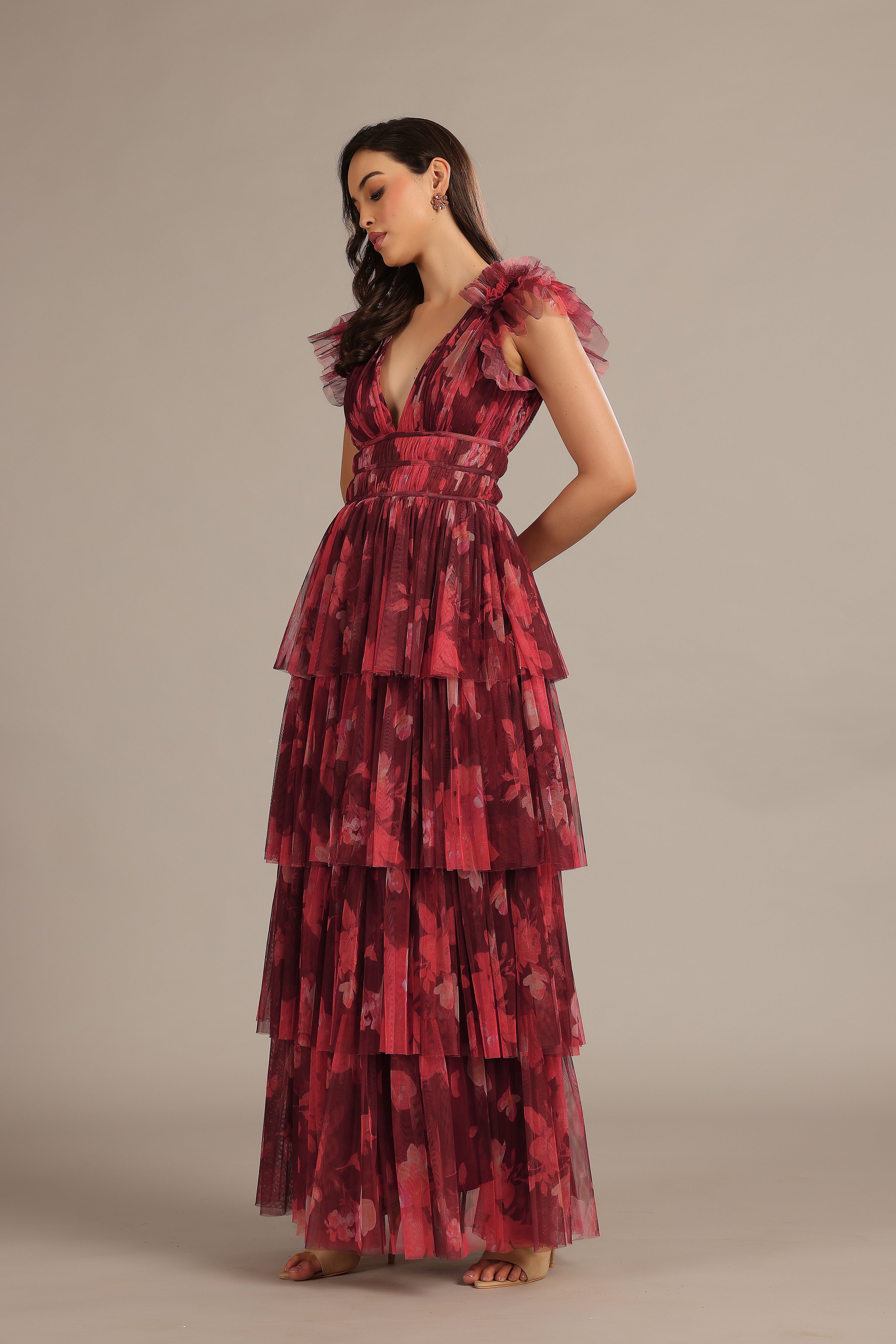 Naomi Maxi Dress in Deep Red Floral