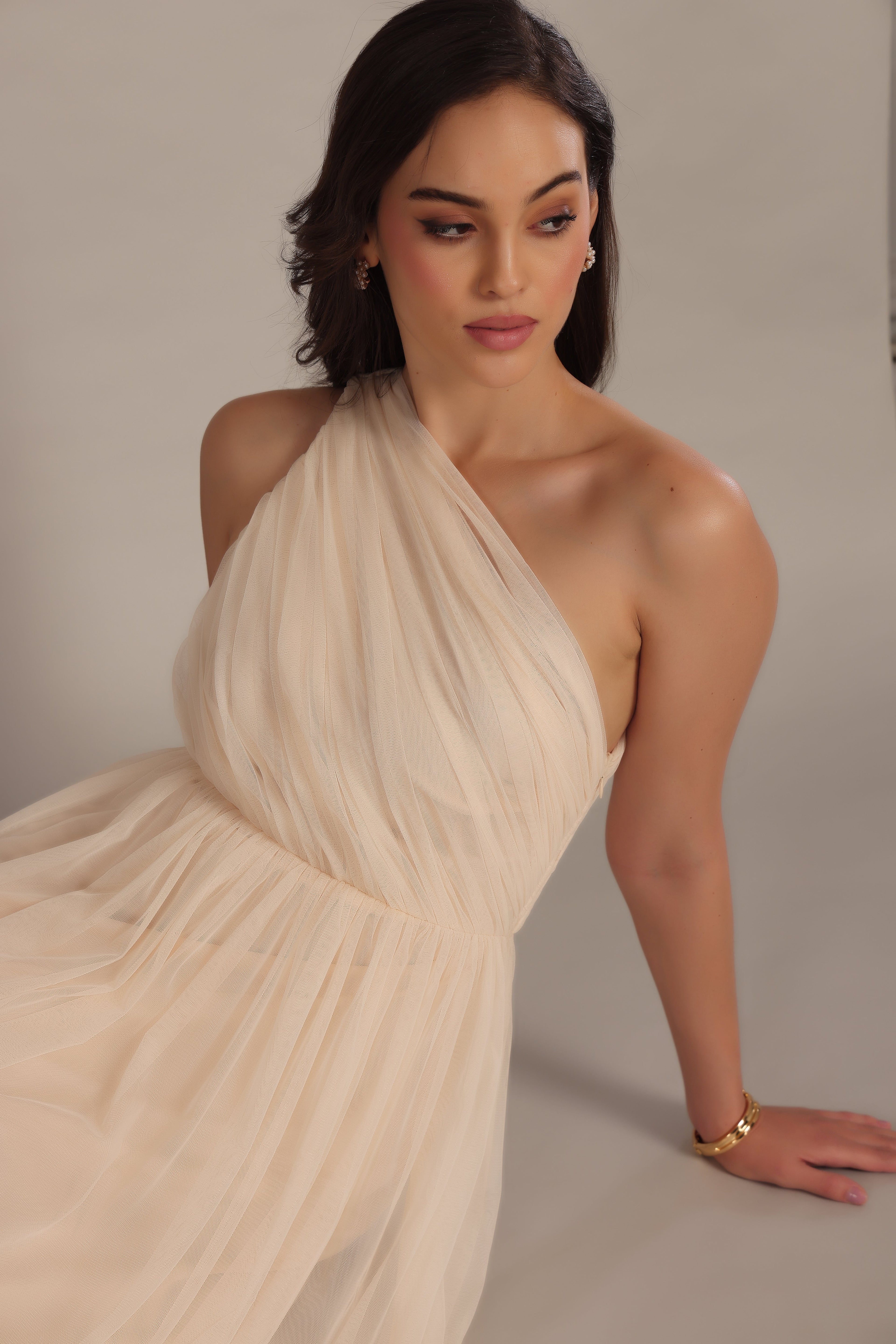 Nicolette One Shoulder Maxi Dress in Champagne