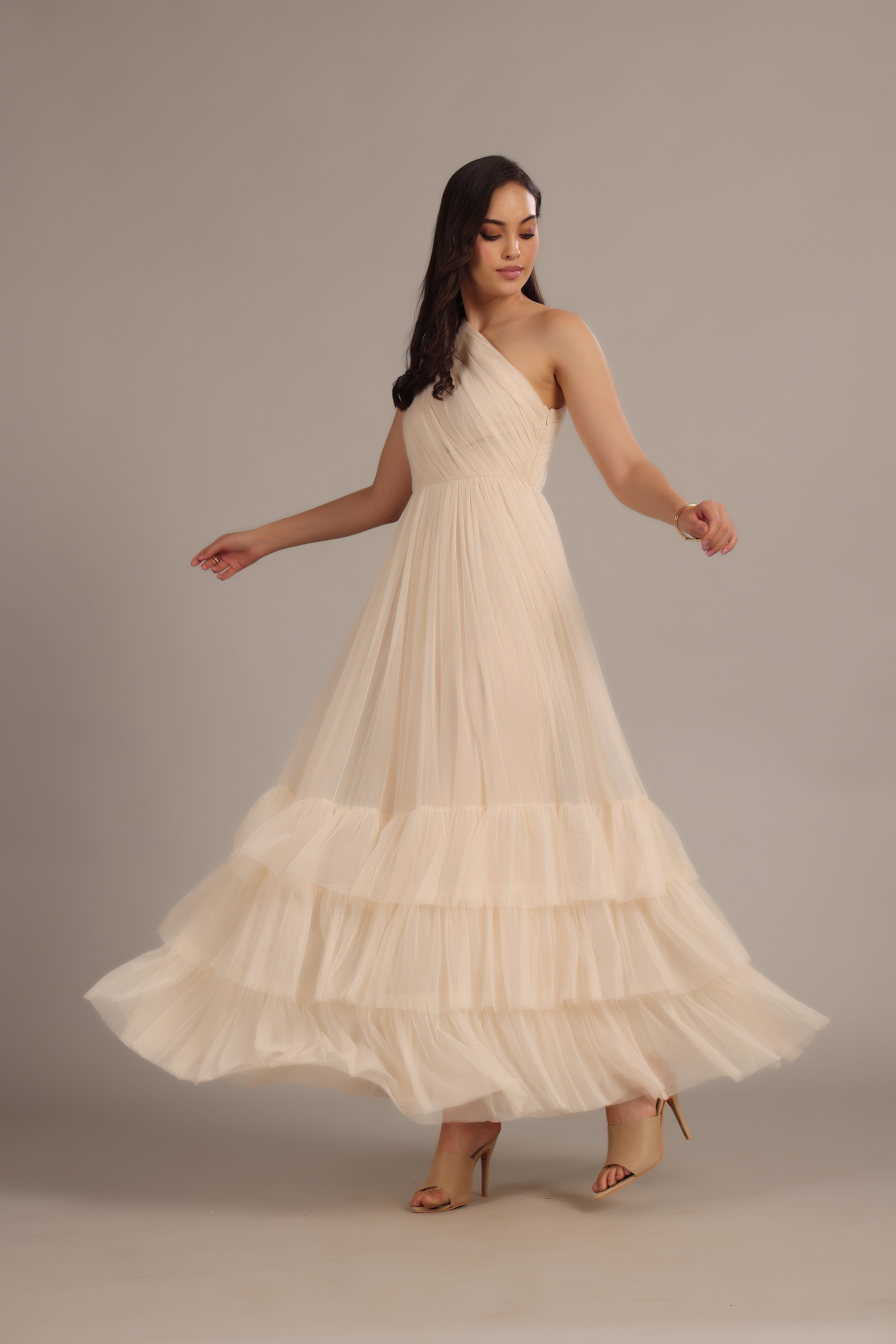 Nicolette One Shoulder Maxi Dress in Champagne