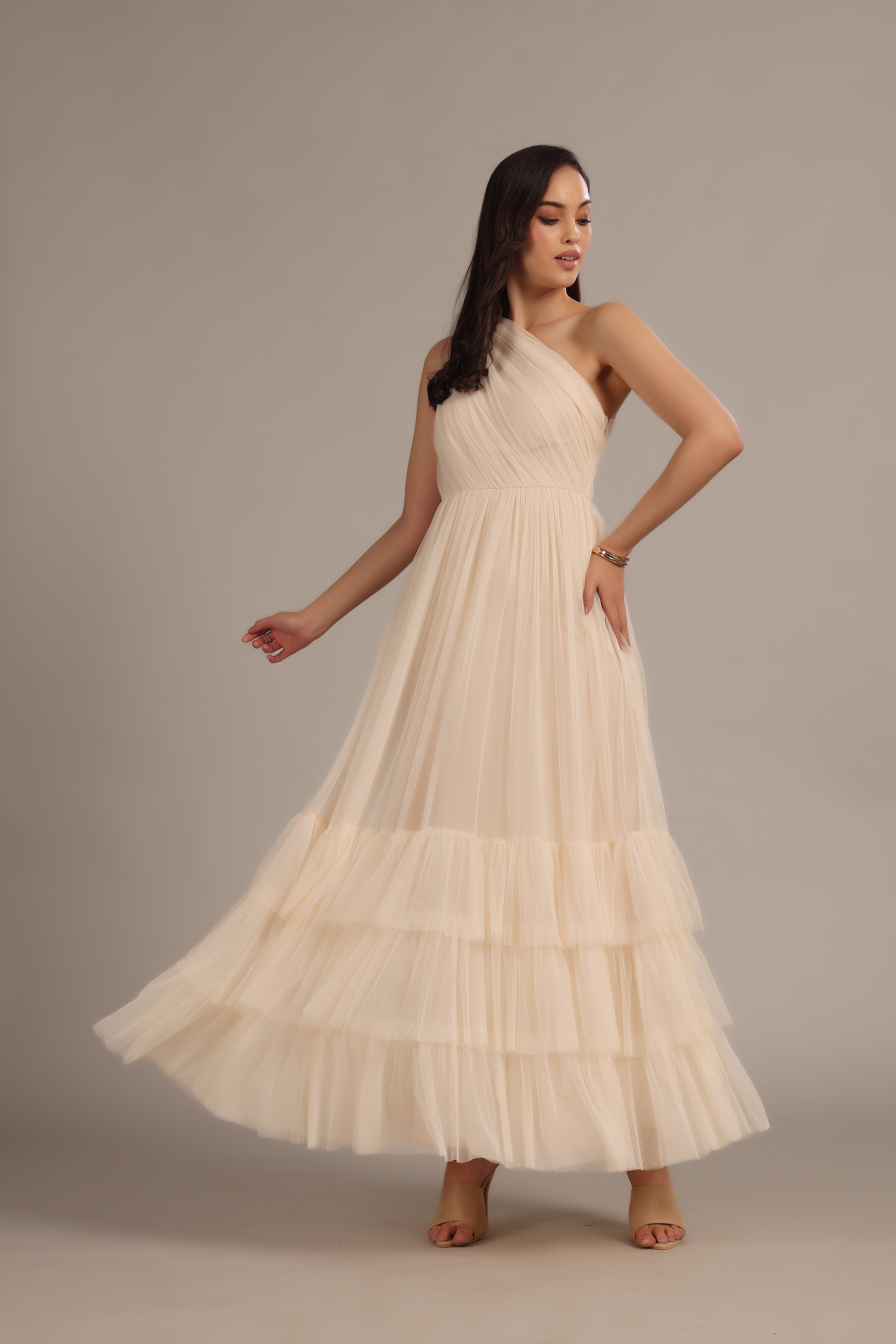 Nicolette One Shoulder Maxi Dress in Champagne