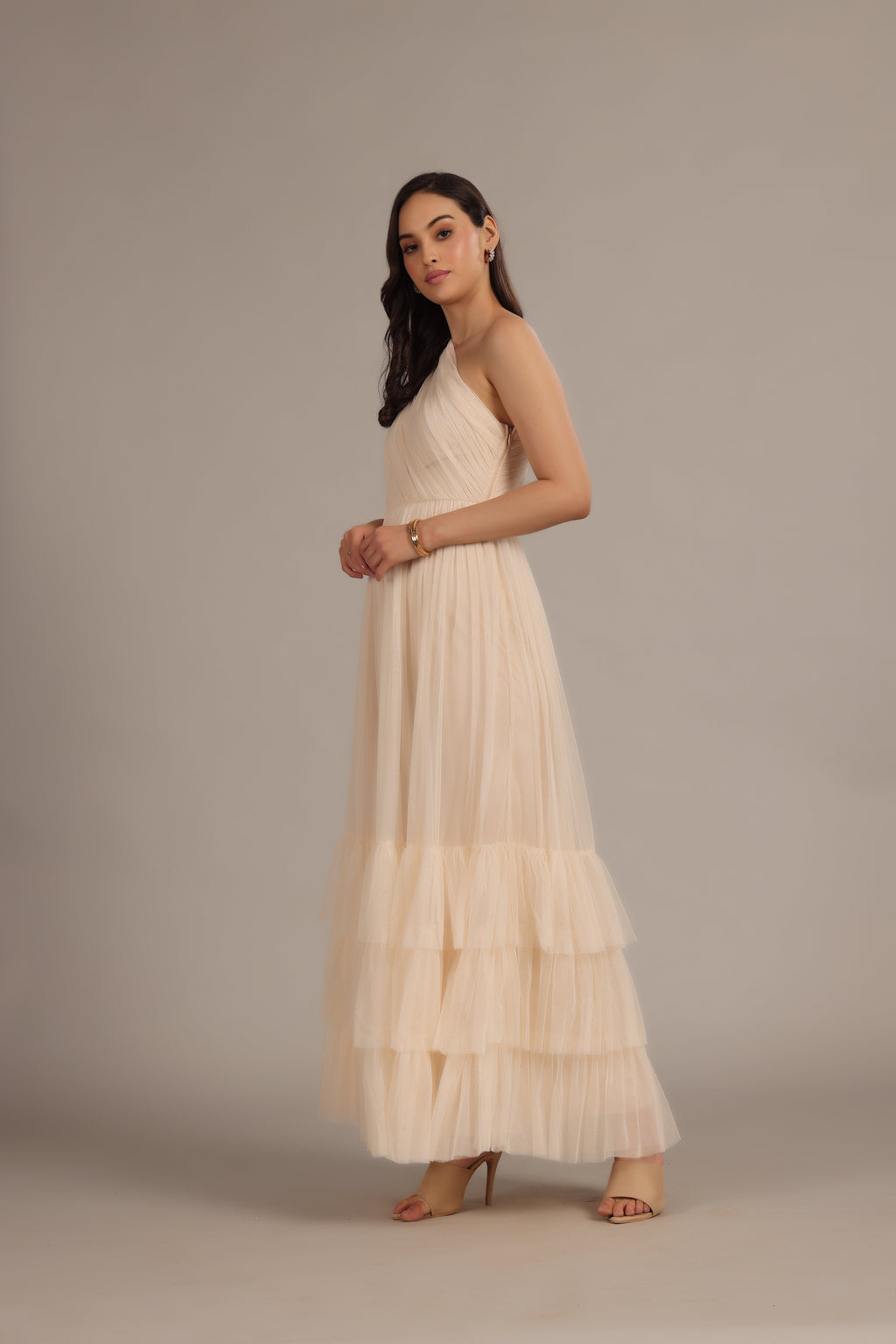 Nicolette One Shoulder Maxi Dress in Champagne