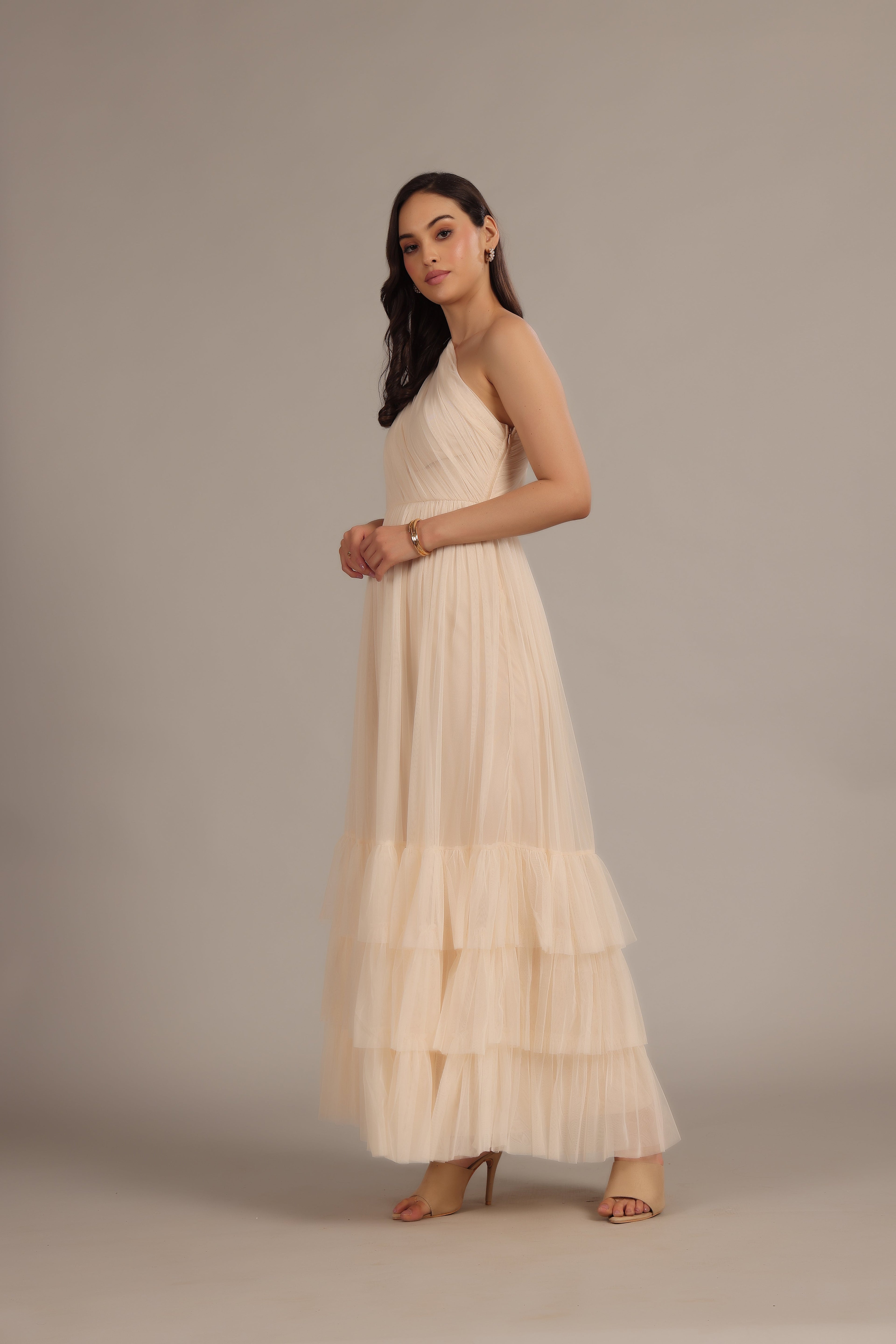 Nicolette One Shoulder Maxi Dress in Champagne