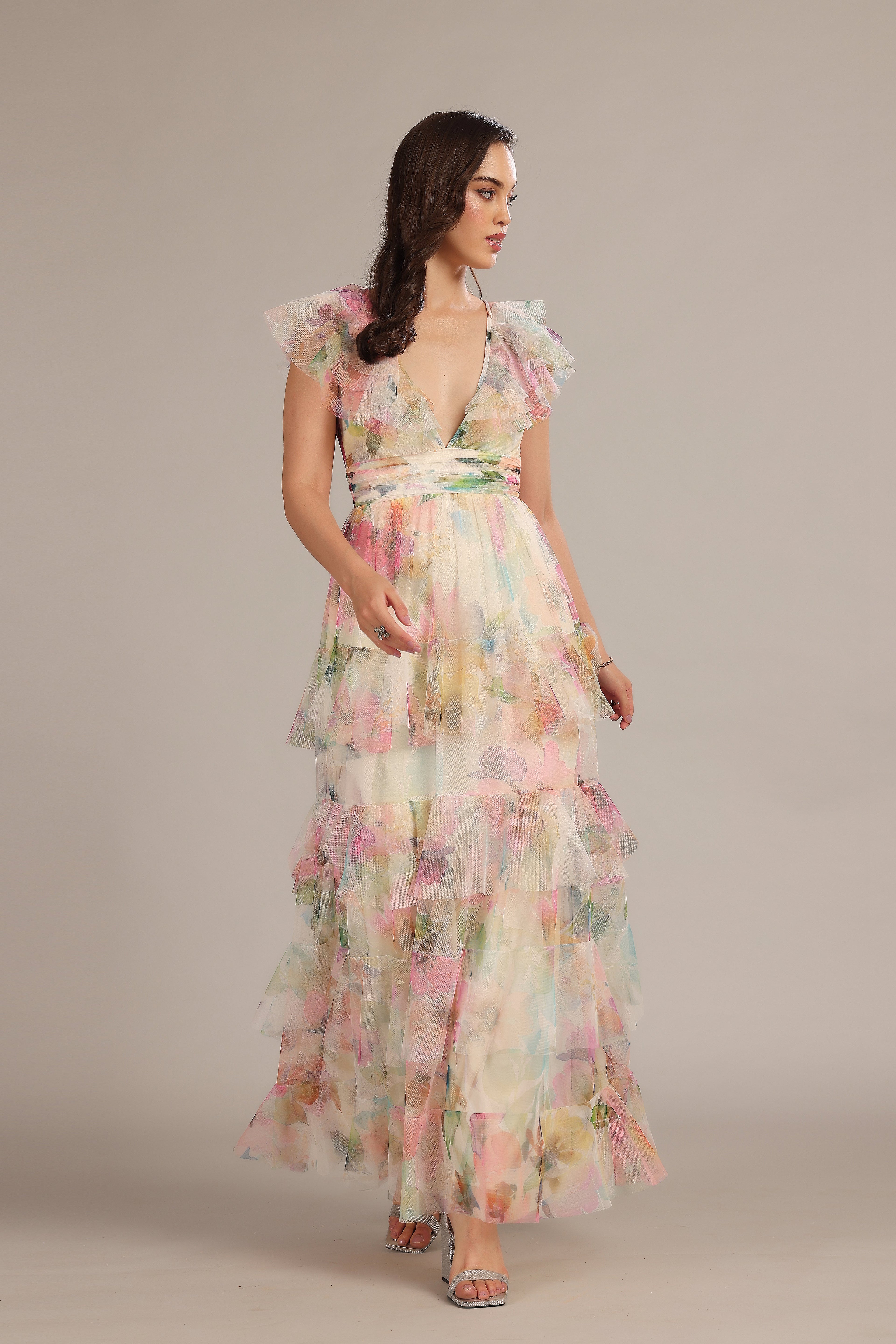 Olympia Maxi Dress in Cream Pink Floral