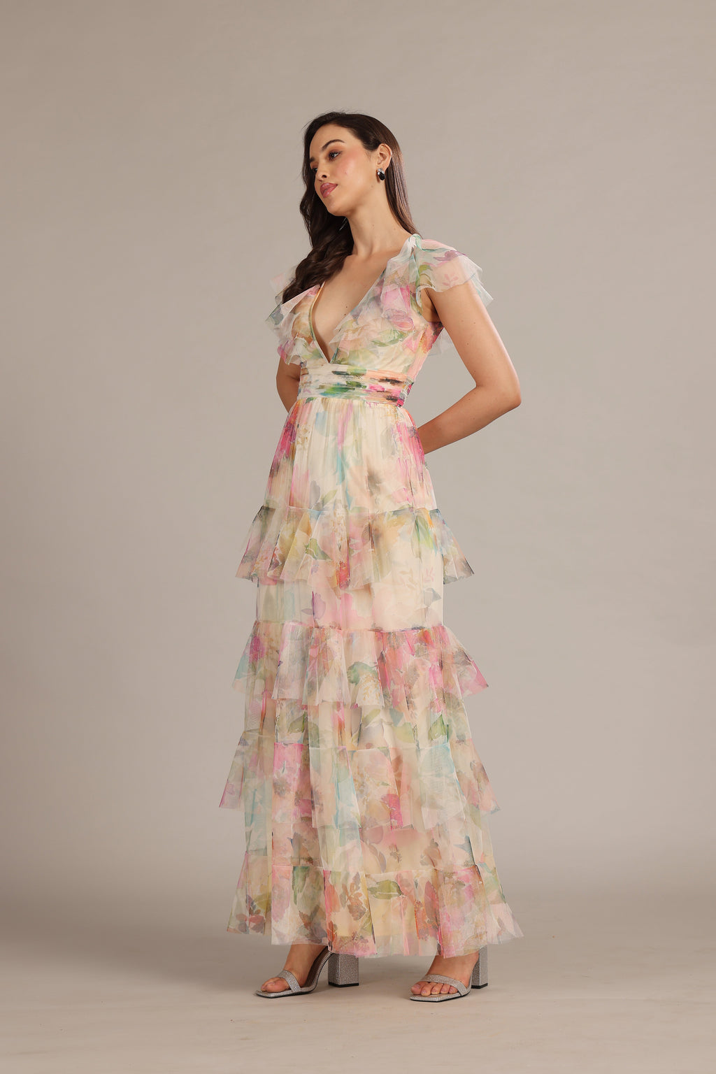 Olympia Maxi Dress in Cream Pink Floral