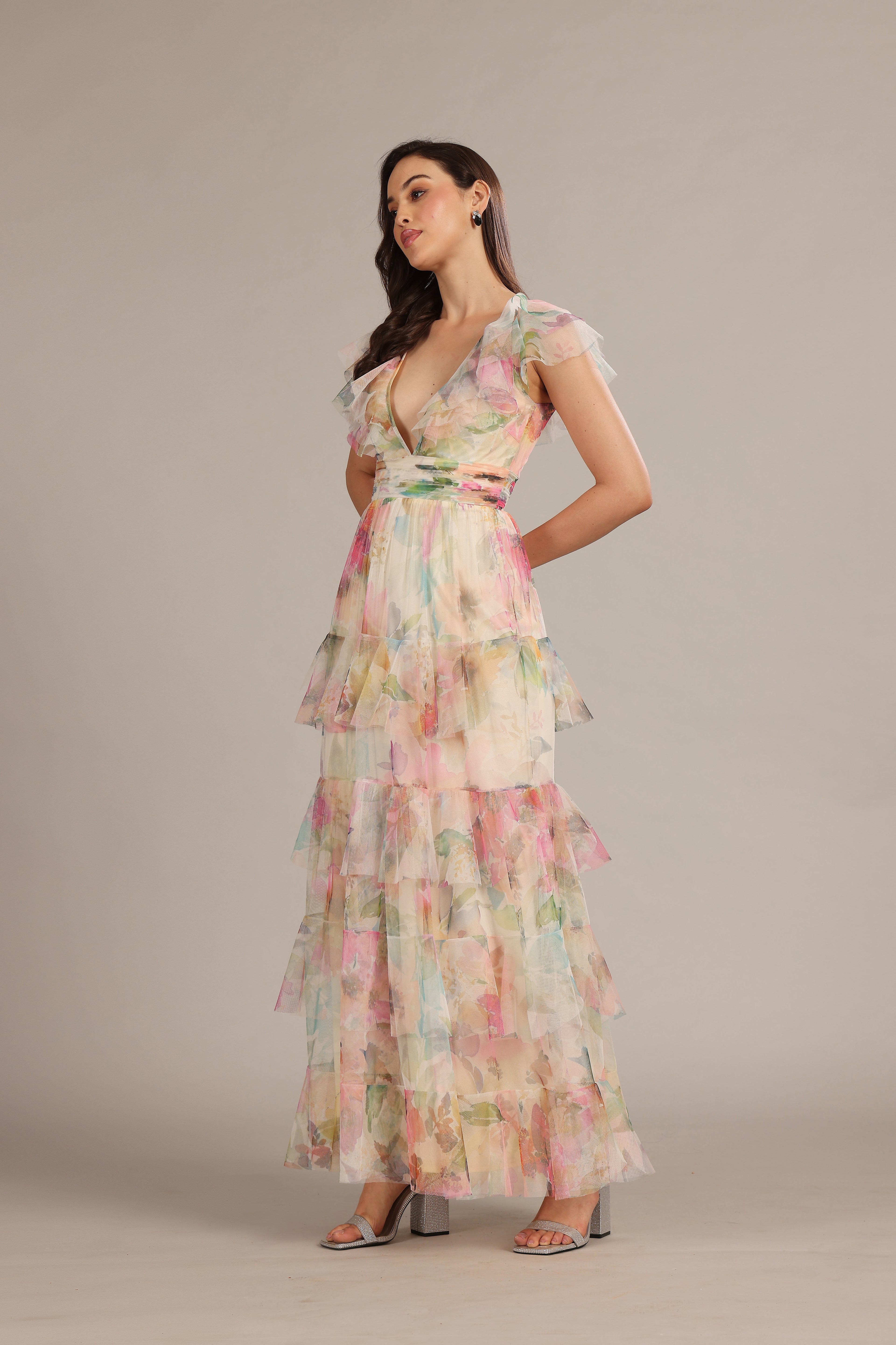 Olympia Maxi Dress in Cream Pink Floral