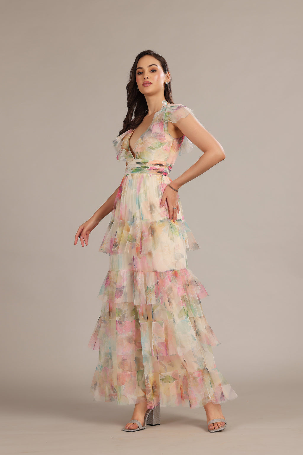 Olympia Maxi Dress in Cream Pink Floral