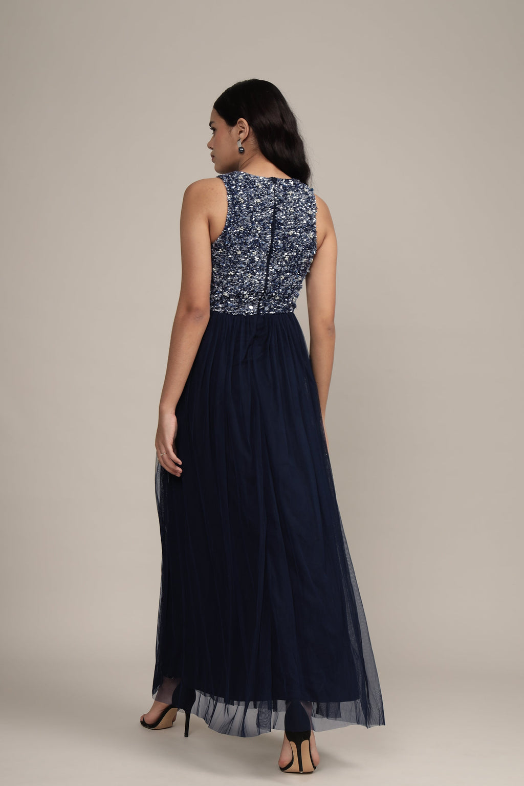 Picasso Embellished Maxi Dress in Navy with Pearl Beads
