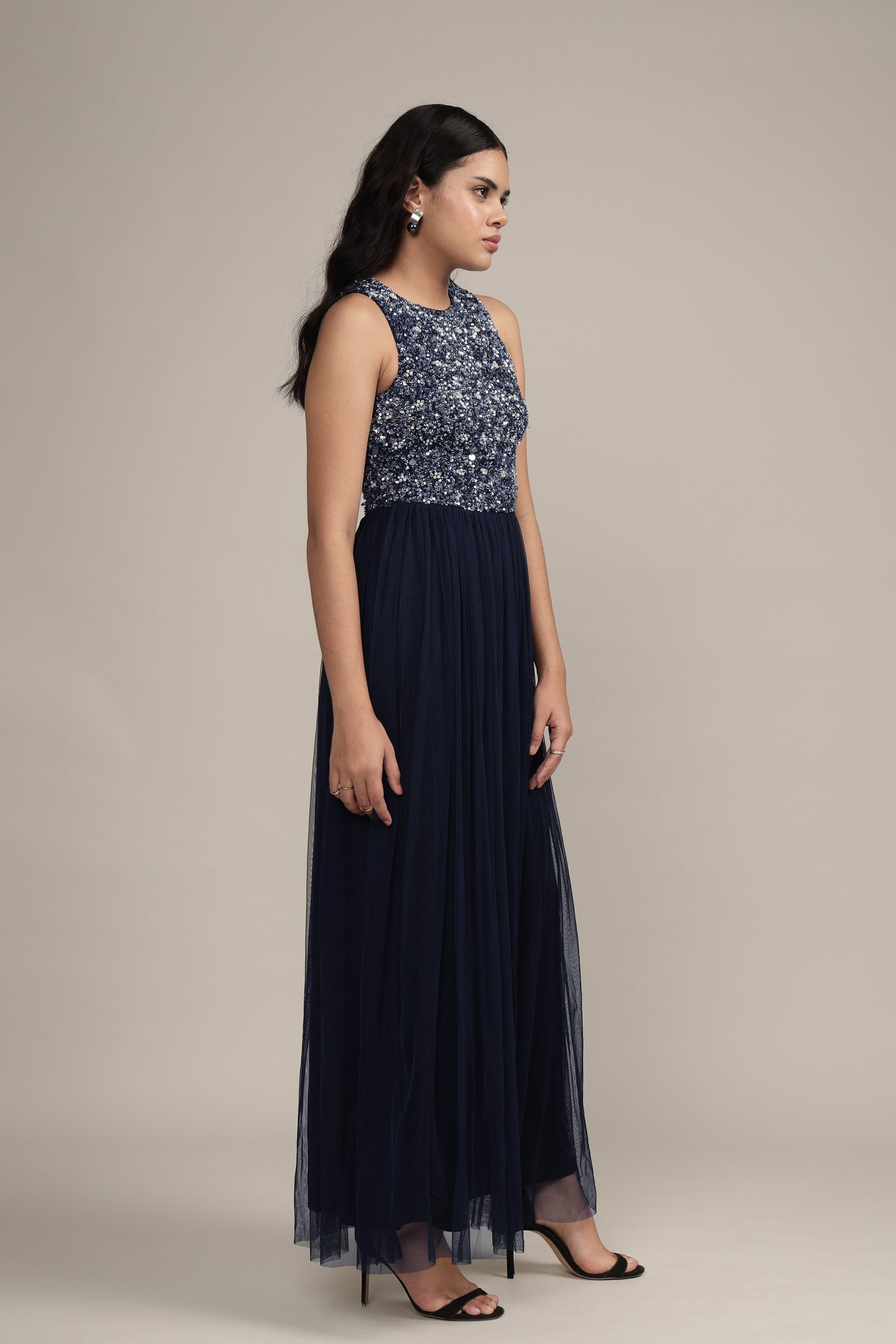 Picasso Embellished Maxi Dress in Navy with Pearl Beads