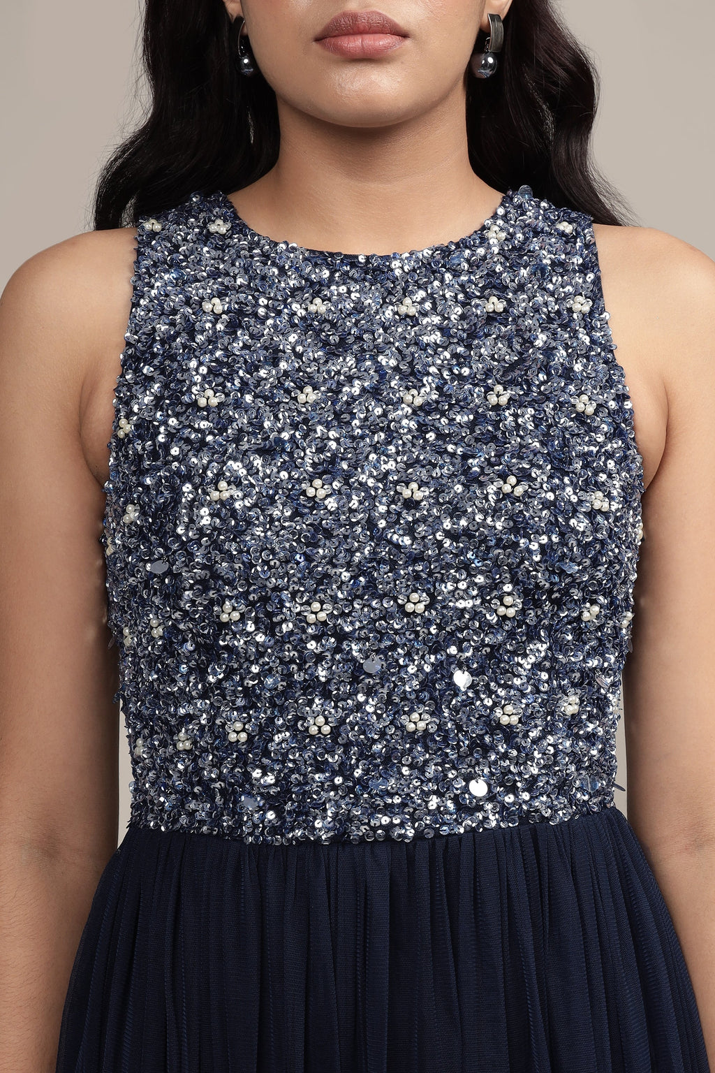 Picasso Embellished Maxi Dress in Navy with Pearl Beads