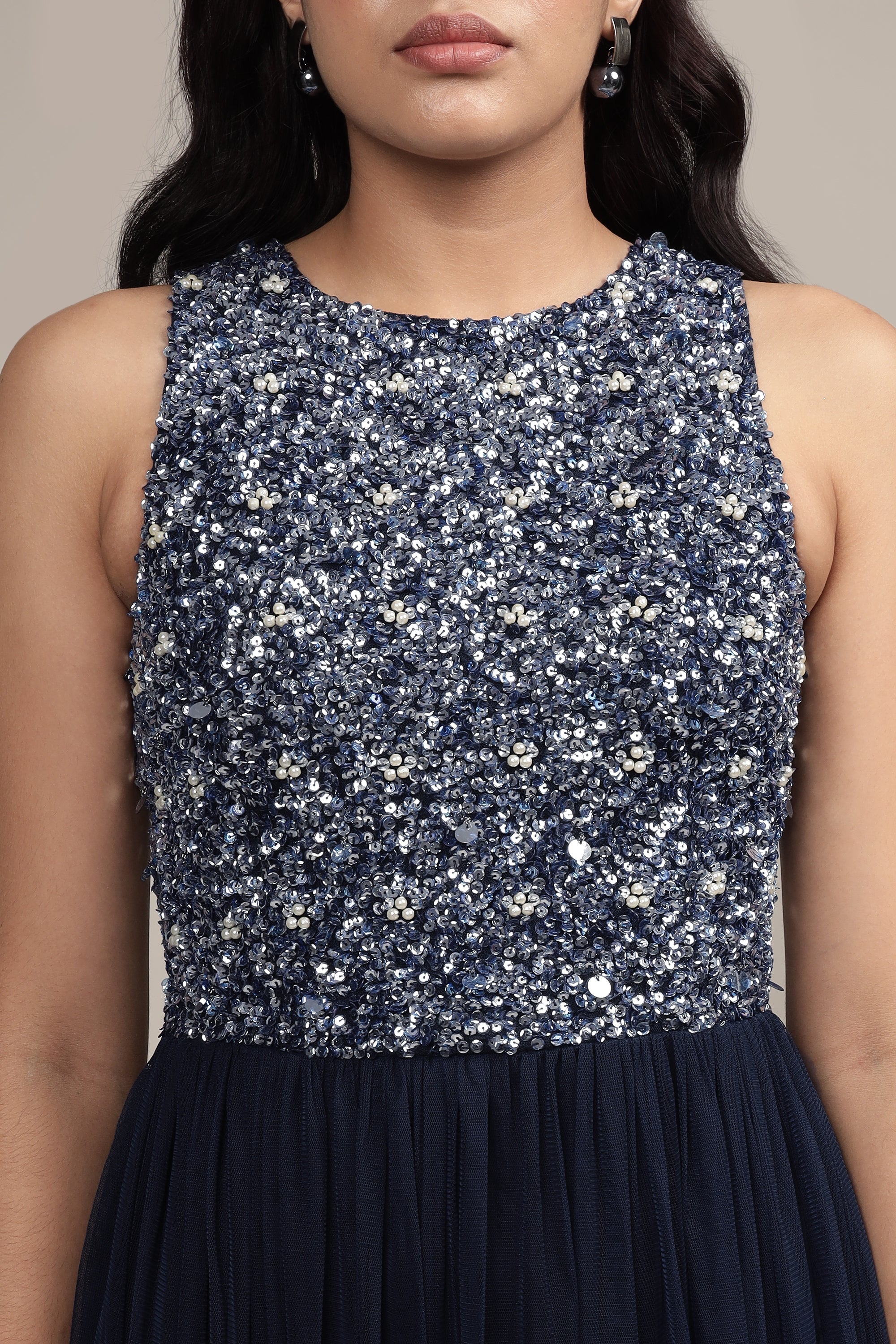 Picasso Embellished Maxi Dress in Navy with Pearl Beads