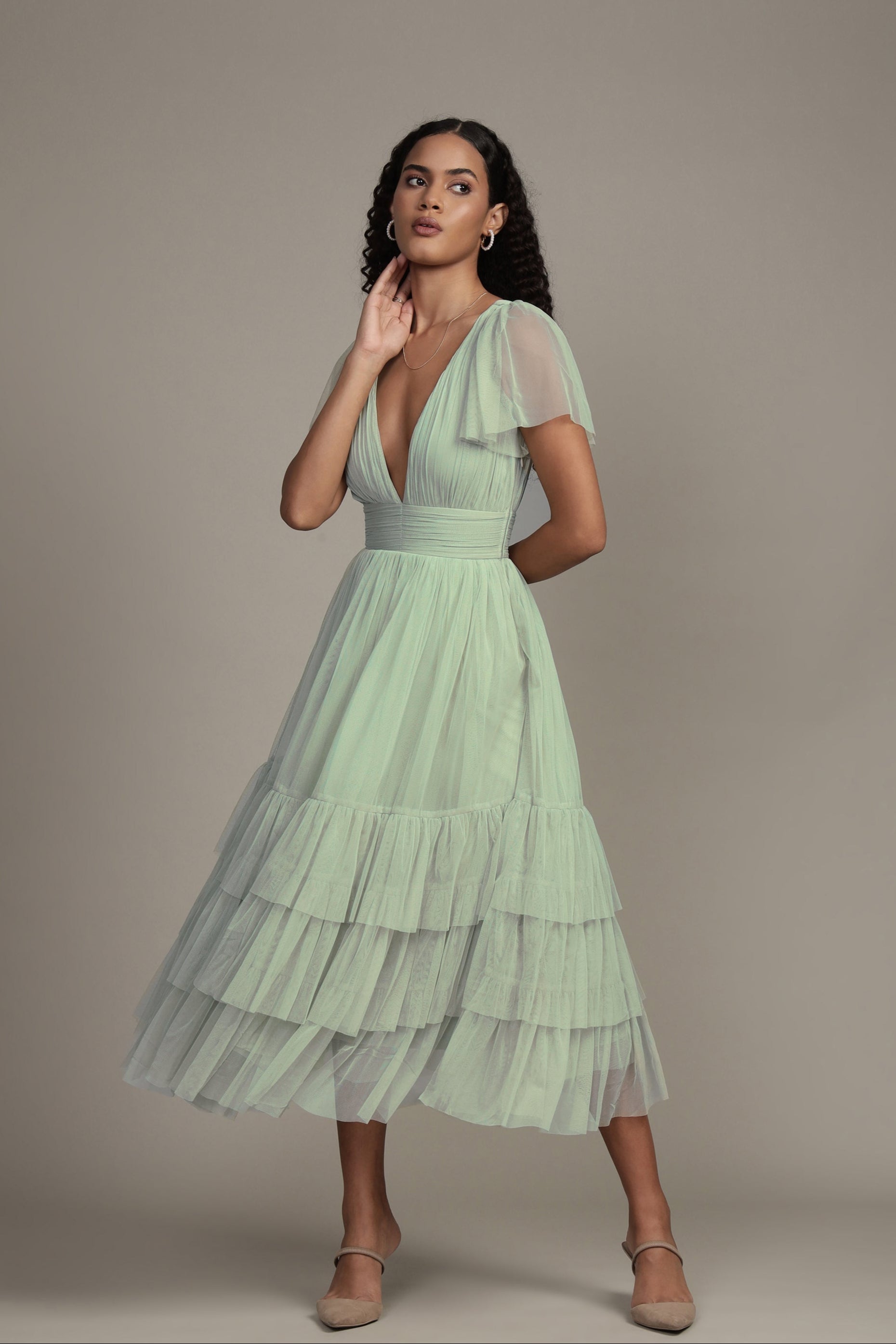 Madison Sage Green Tulle Bridesmaid Midi Dress