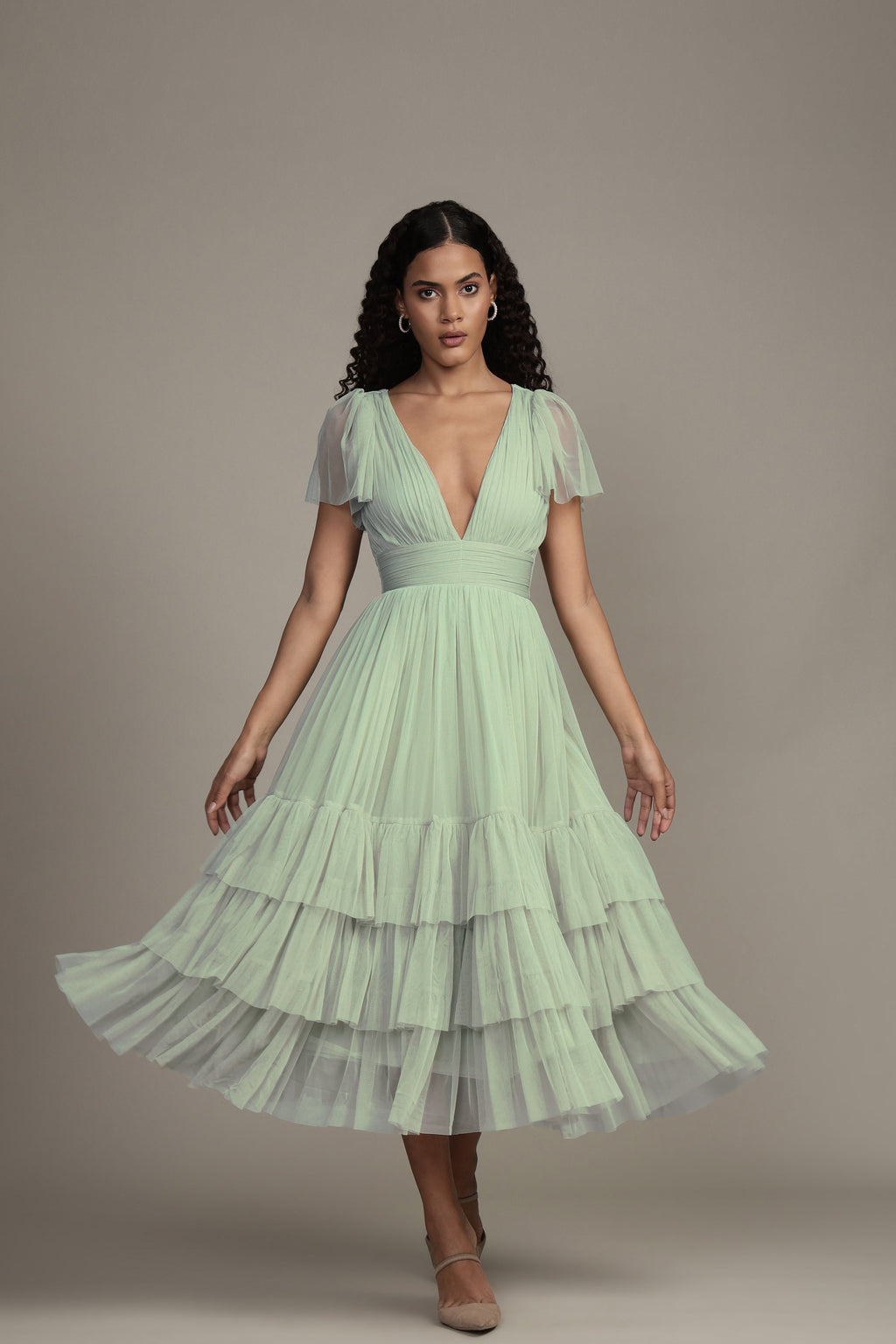 Madison Sage Green Tulle Bridesmaid Midi Dress