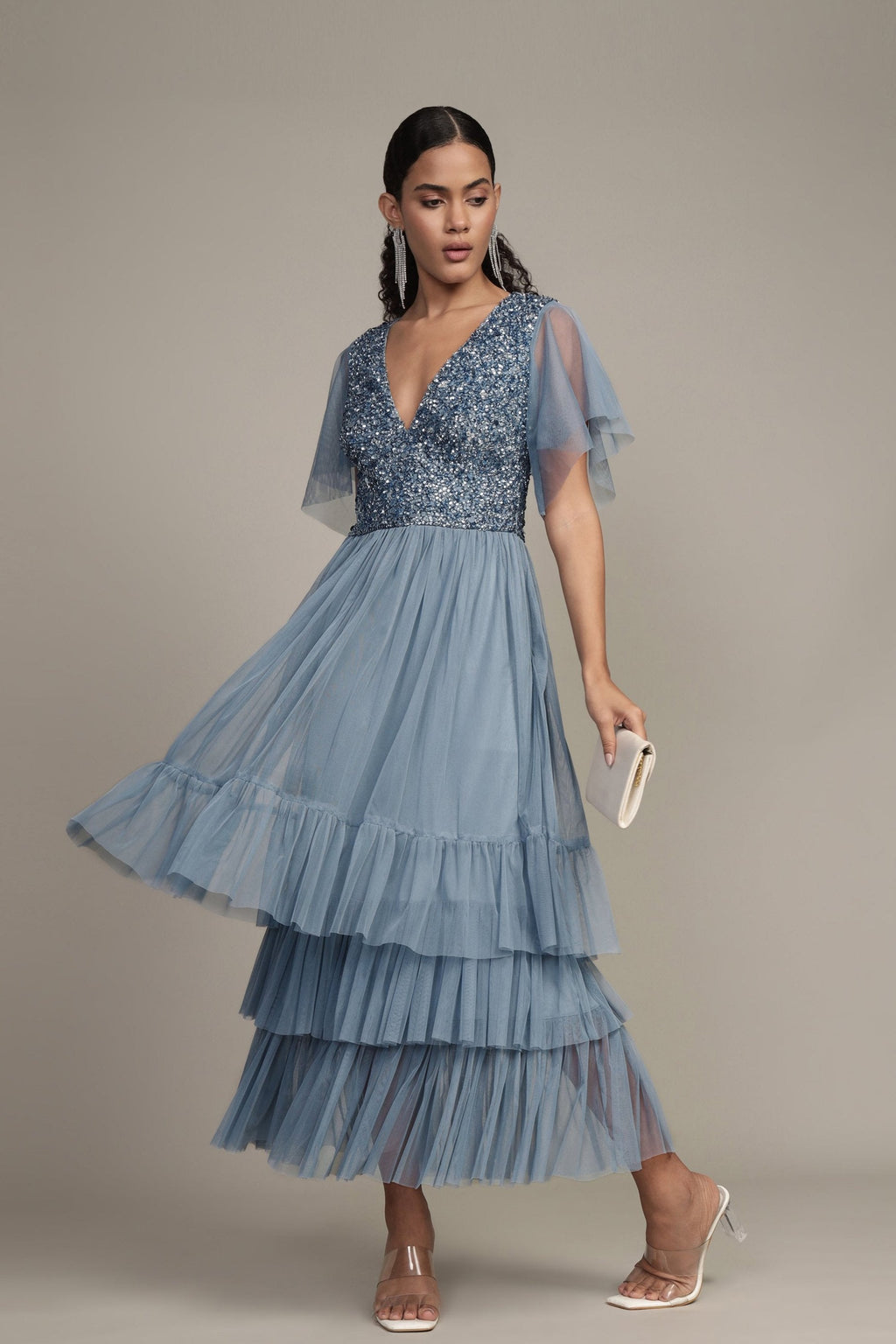 Maddie Embellished Midi in Dusty Blue