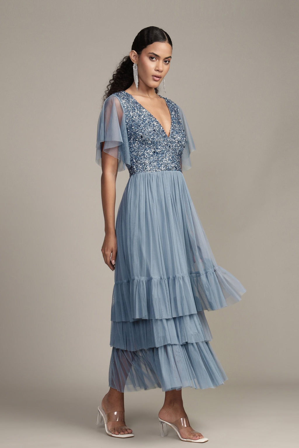 Maddie Embellished Midi in Dusty Blue