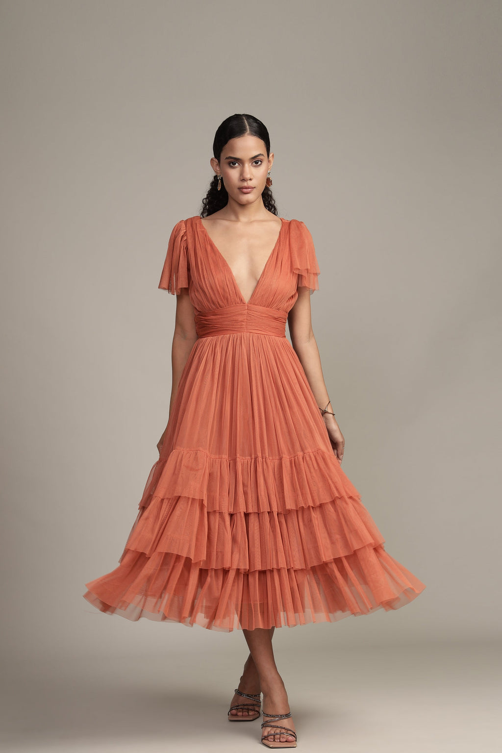 Madison Terracotta Pink Tulle Bridesmaid Midi Dress