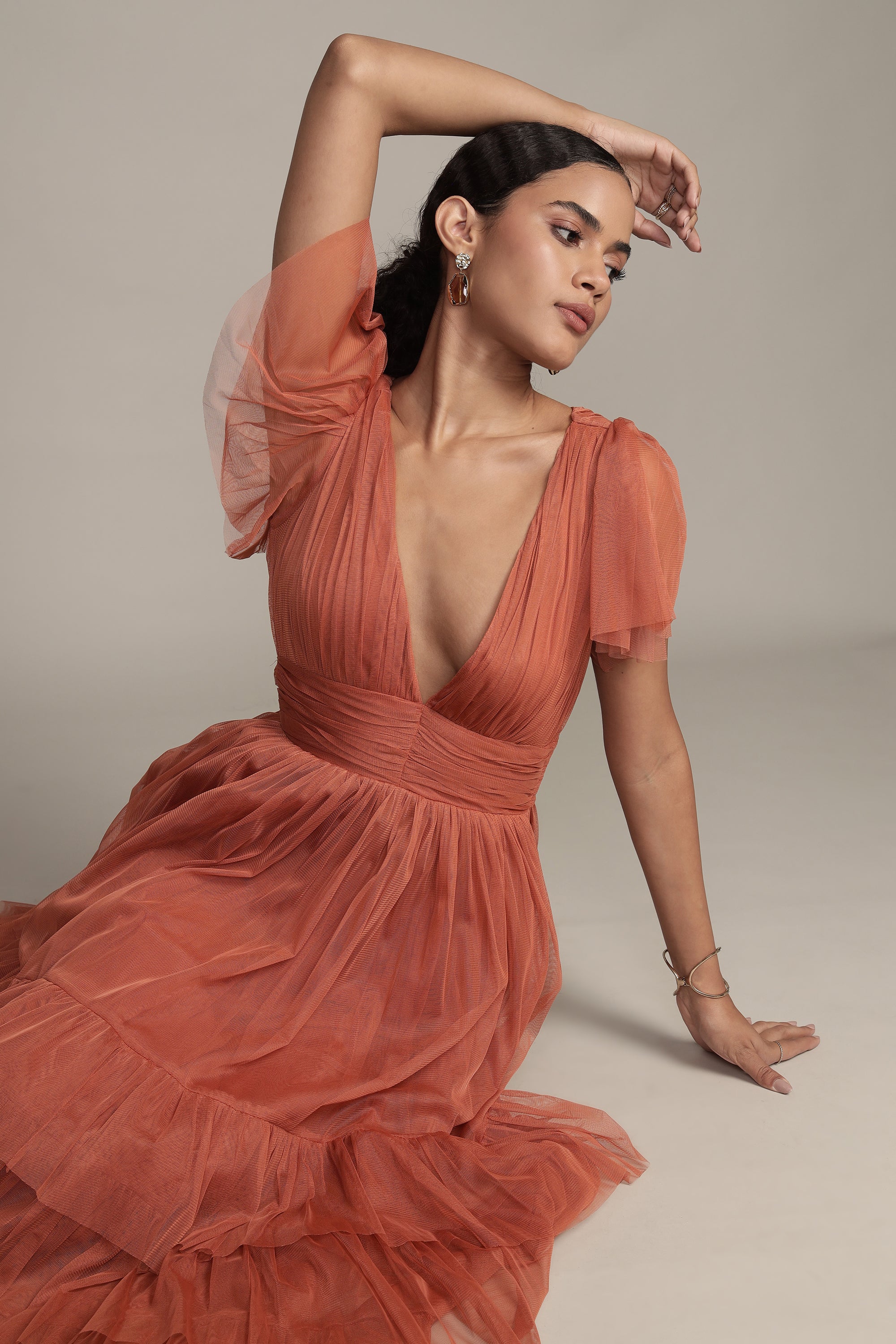 Madison Terracotta Pink Tulle Bridesmaid Midi Dress