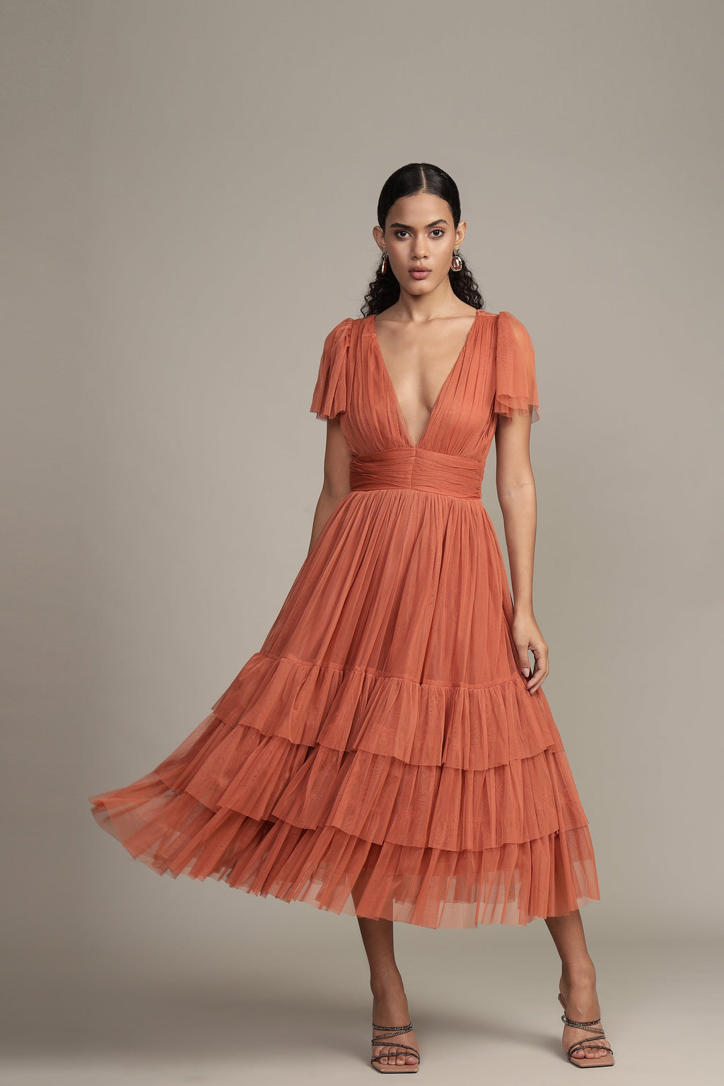 Madison Terracotta Pink Tulle Bridesmaid Midi Dress