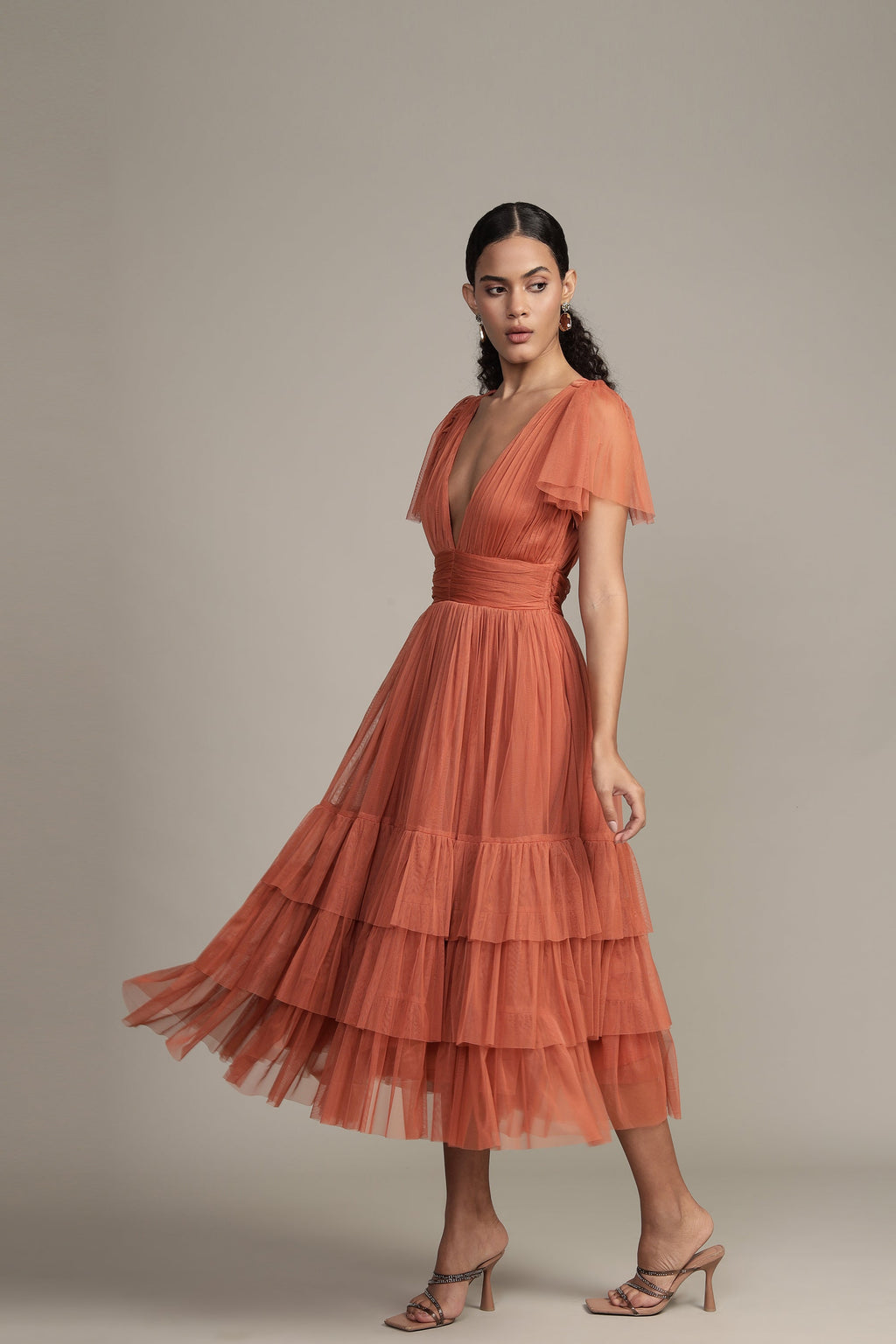 Madison Terracotta Pink Tulle Bridesmaid Midi Dress