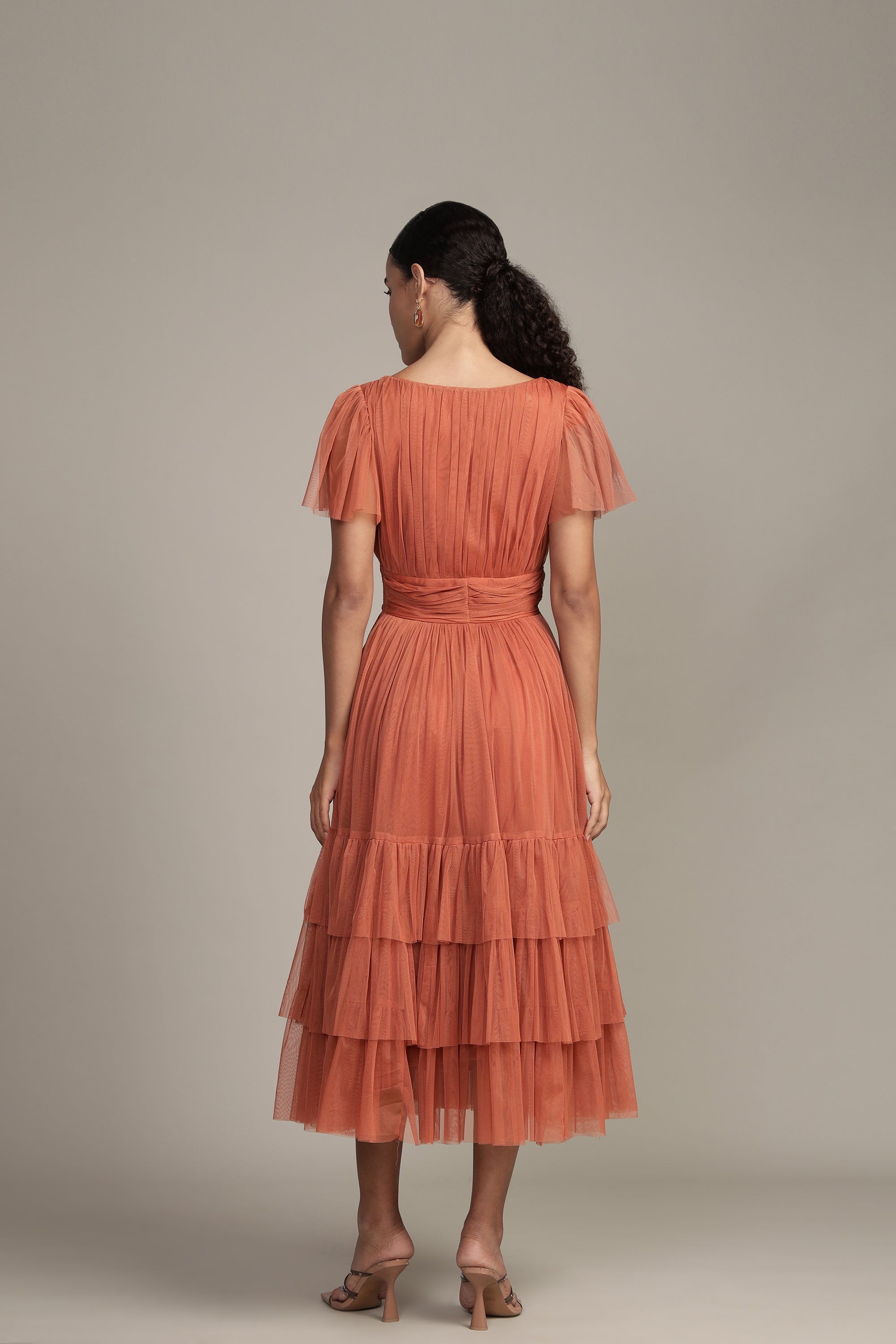 Madison Terracotta Pink Tulle Bridesmaid Midi Dress