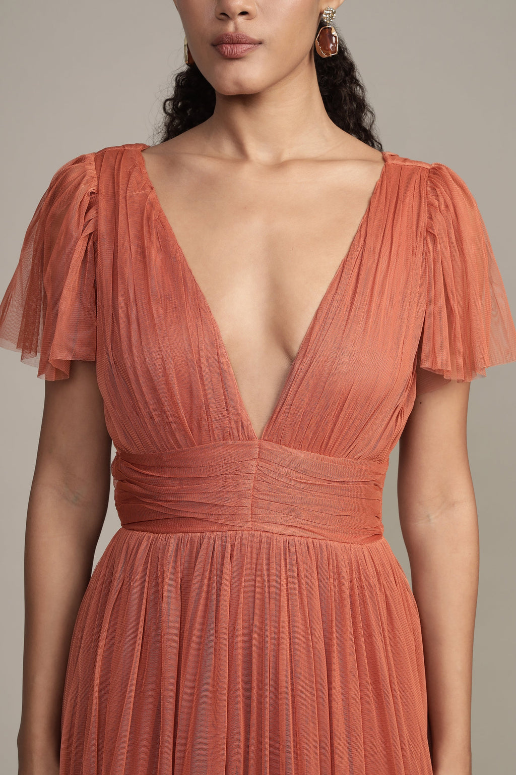 Madison Terracotta Pink Tulle Bridesmaid Midi Dress