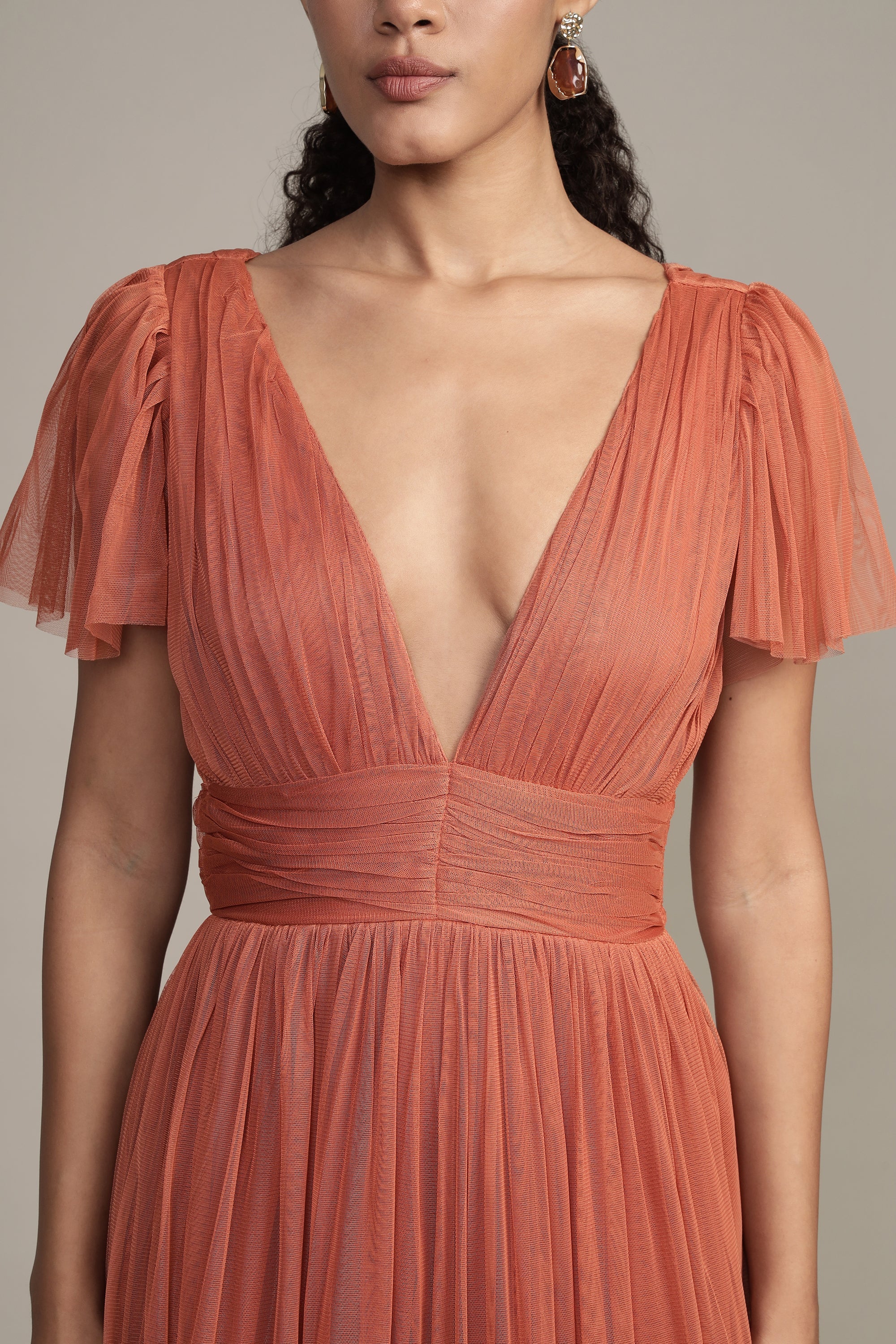 Madison Terracotta Pink Tulle Bridesmaid Midi Dress