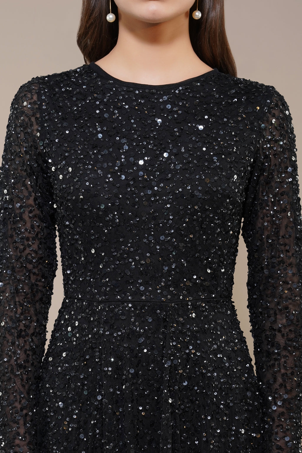 Sila Long Sleeve Embellished Maxi Dress in Black