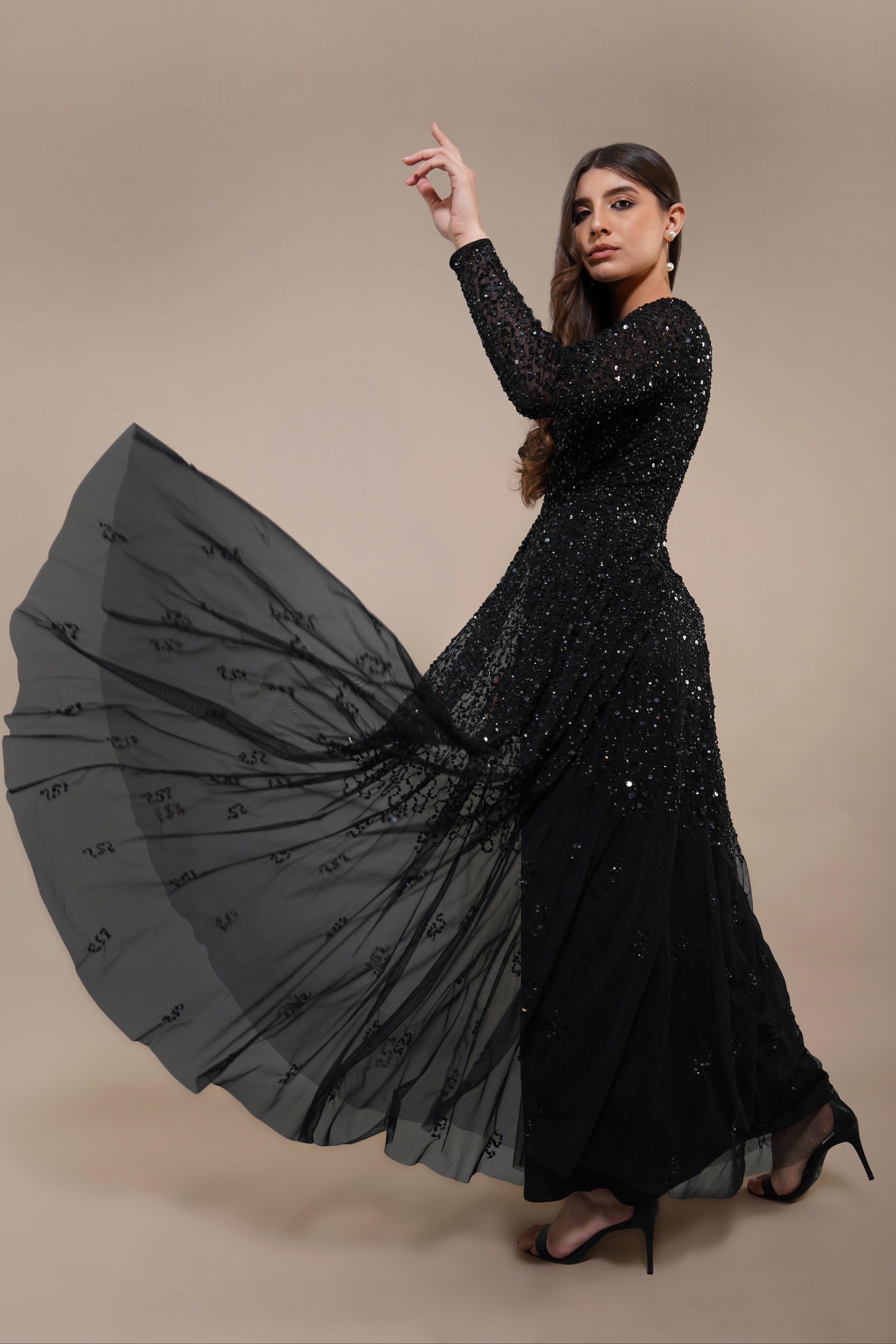 Sila Long Sleeve Embellished Maxi Dress in Black