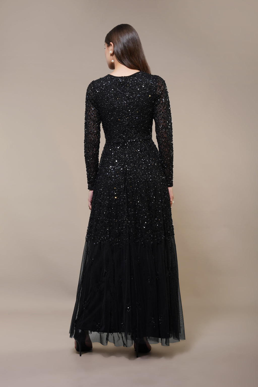 Sila Long Sleeve Embellished Maxi Dress in Black