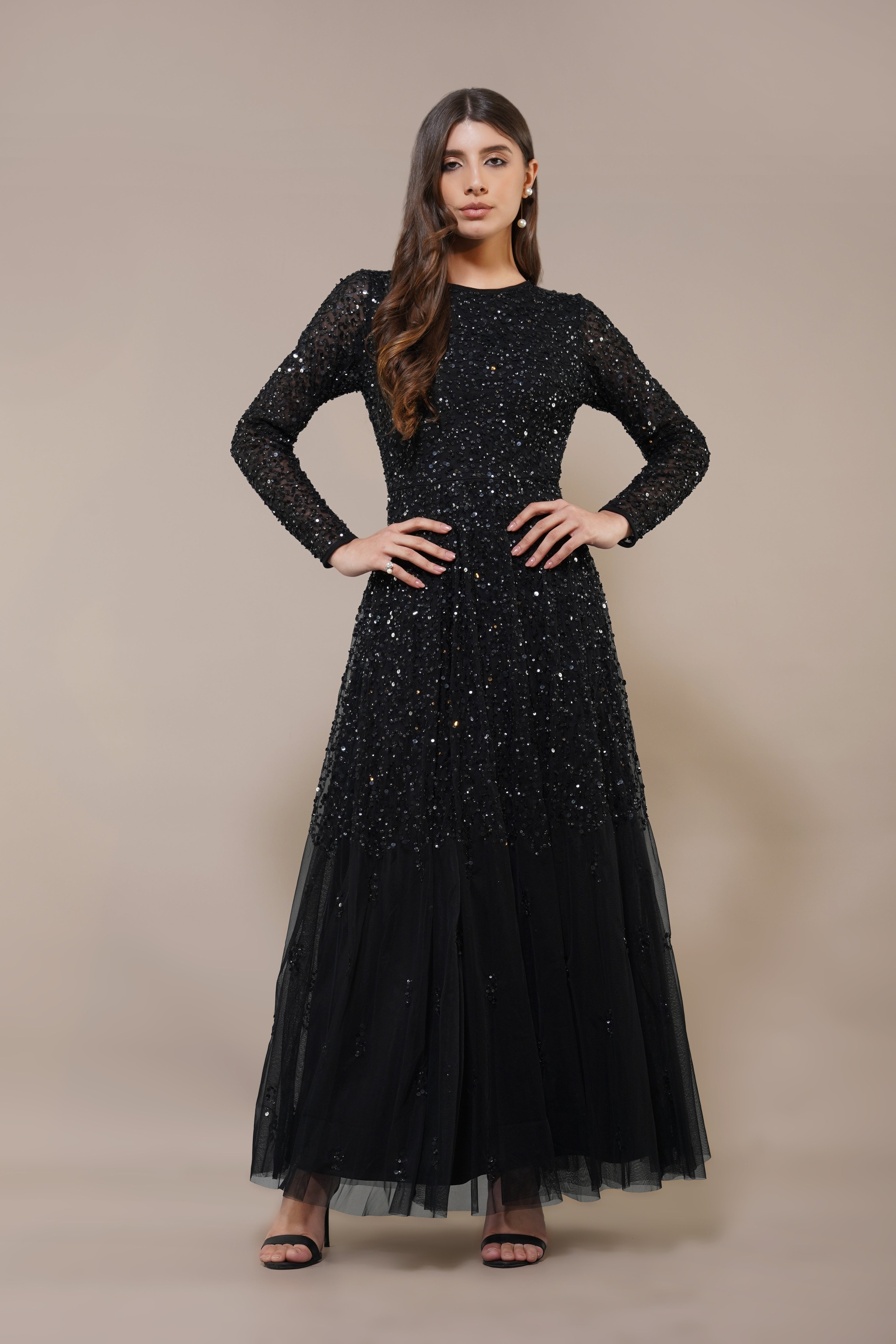 Sila Long Sleeve Embellished Maxi Dress in Black