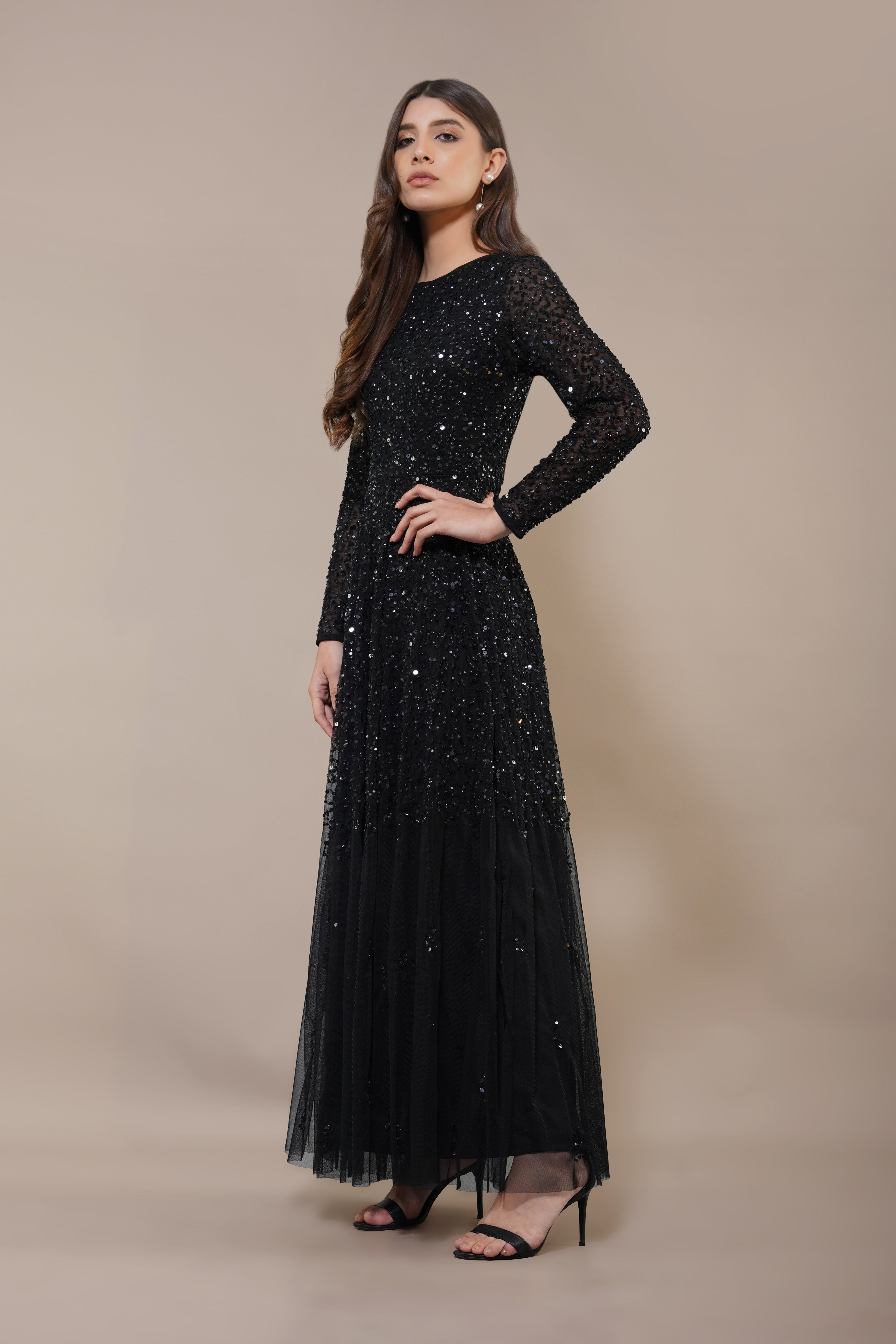 Sila Long Sleeve Embellished Maxi Dress in Black