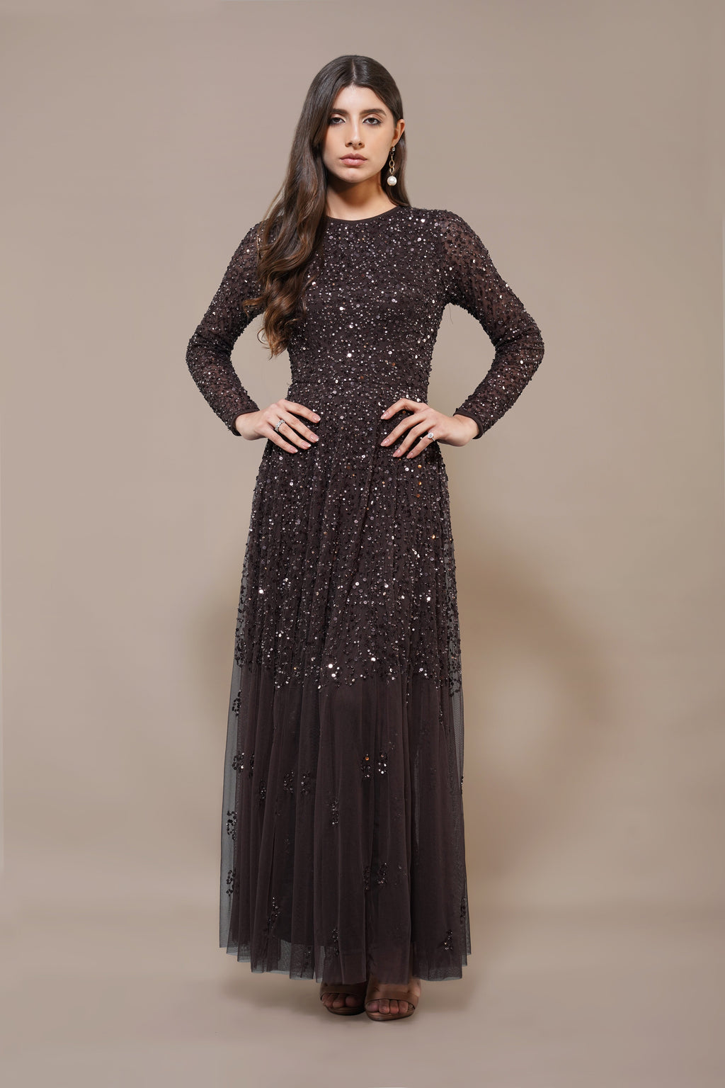 Sila Long Sleeve Embellished Maxi Dress in Coffee Brown