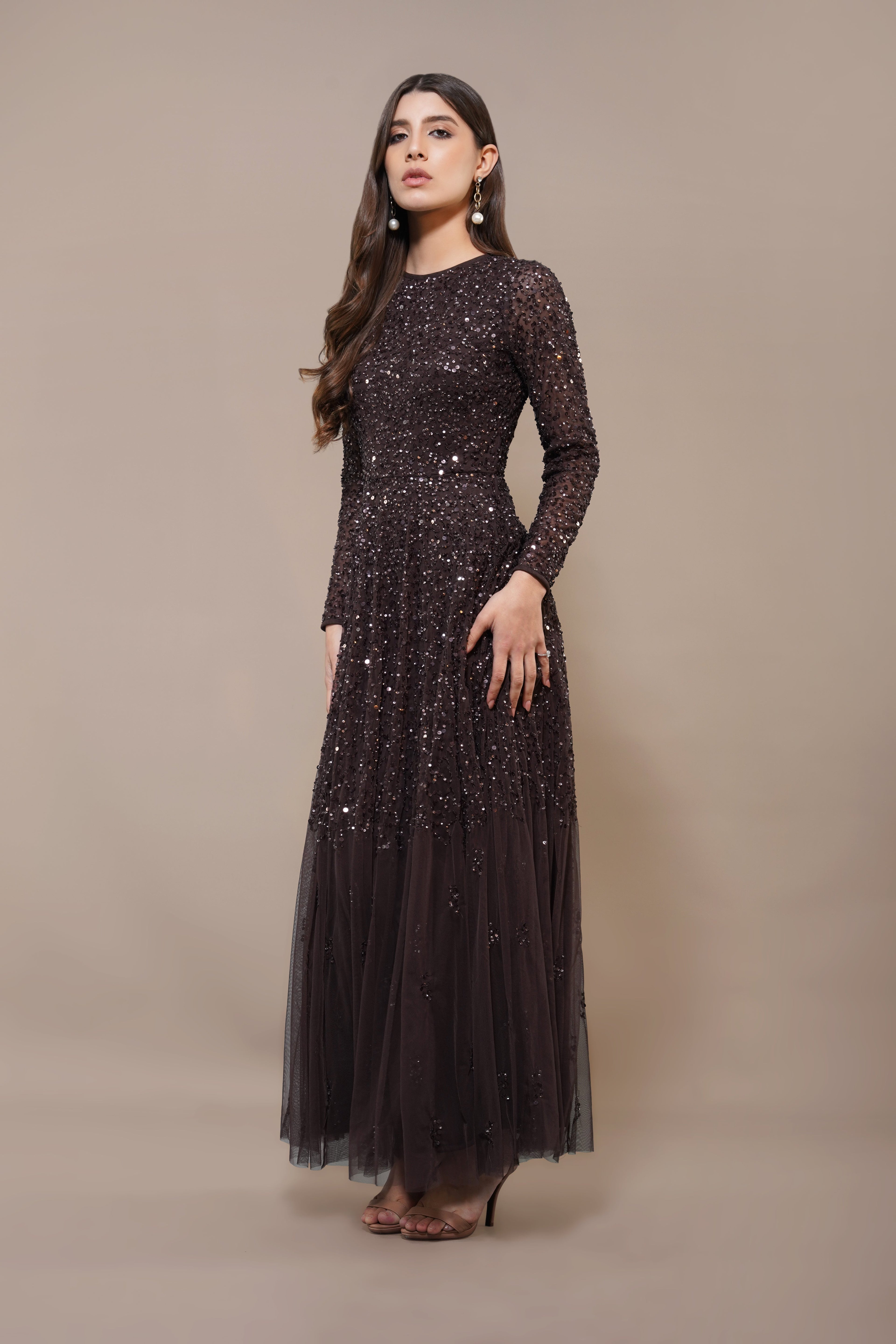 Sila Long Sleeve Embellished Maxi Dress in Coffee Brown