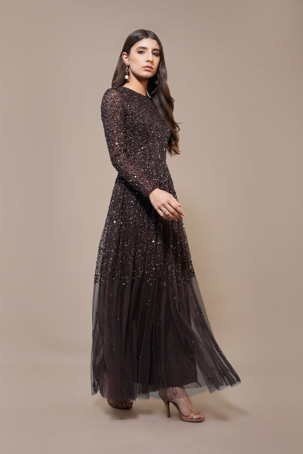 Sila Long Sleeve Embellished Maxi Dress in Coffee Brown