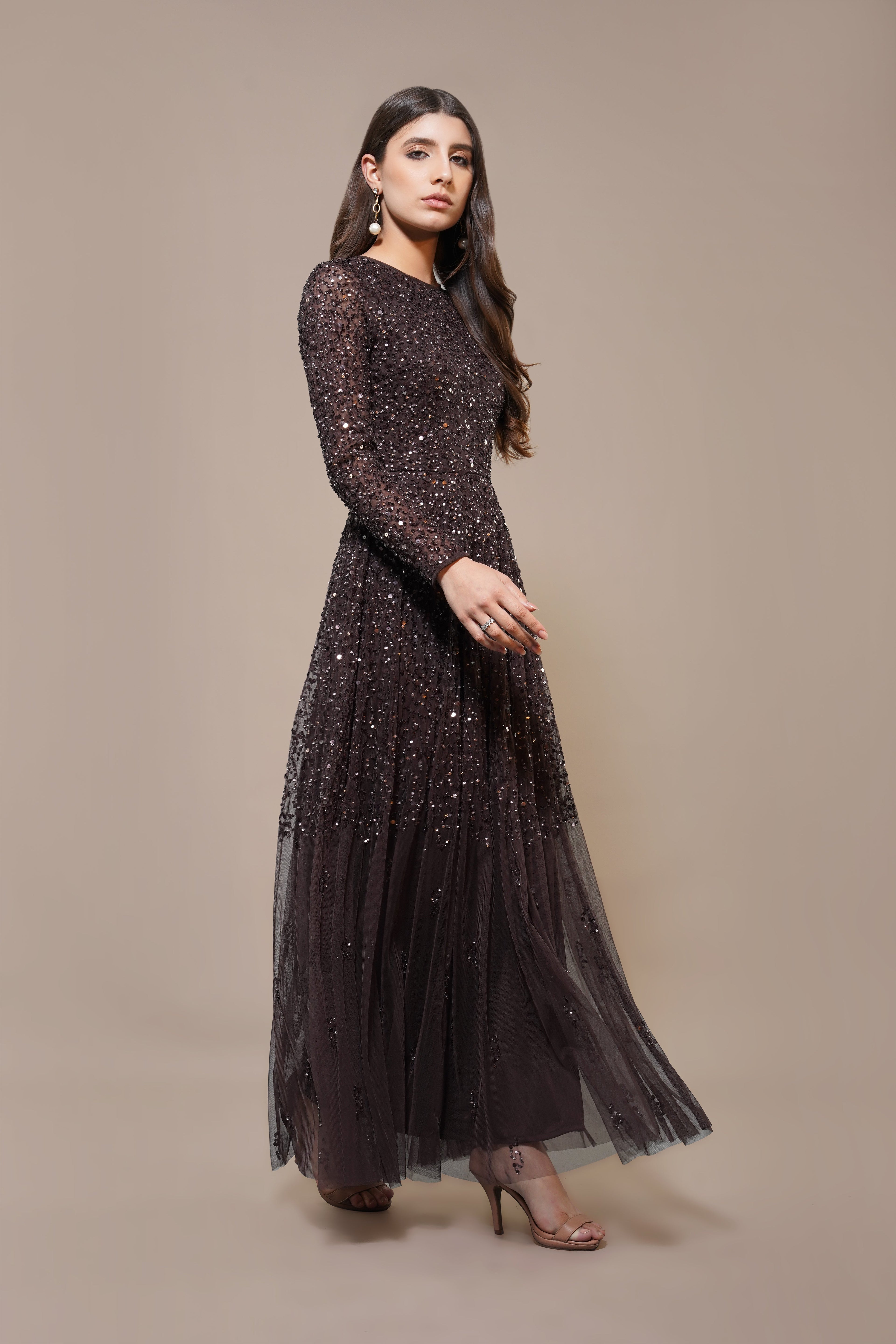 Sila Long Sleeve Embellished Maxi Dress in Coffee Brown
