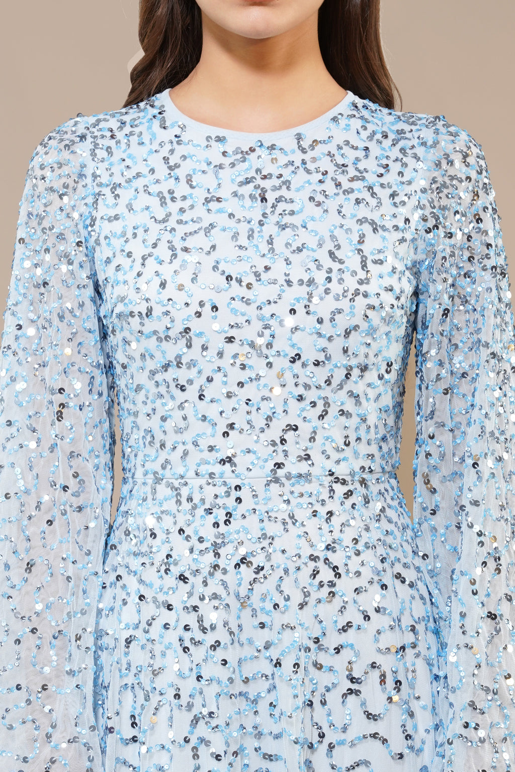 Sloane Long Sleeve Embellished Maxi Dress in Sky Blue