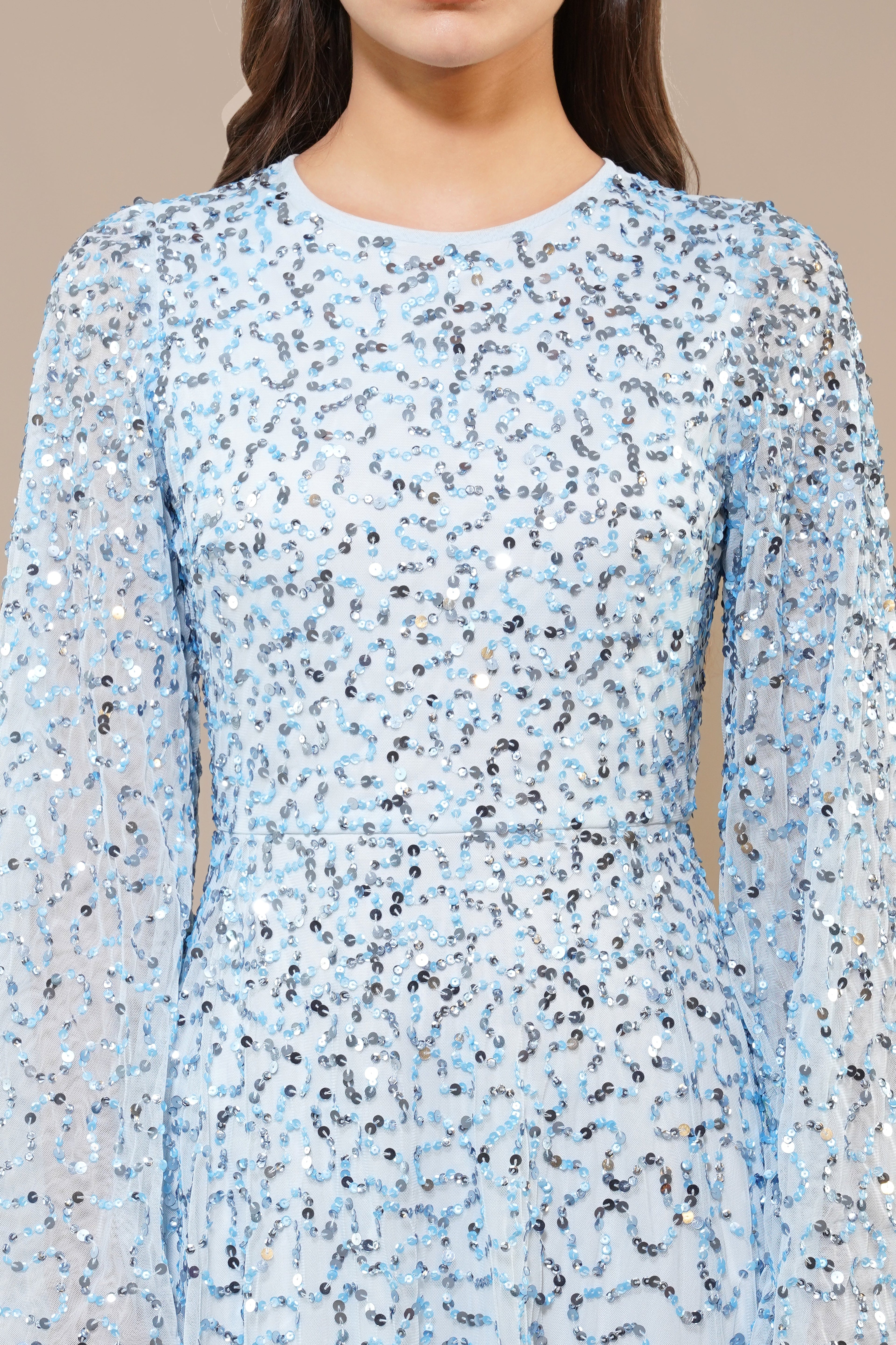 Sloane Long Sleeve Embellished Maxi Dress in Sky Blue