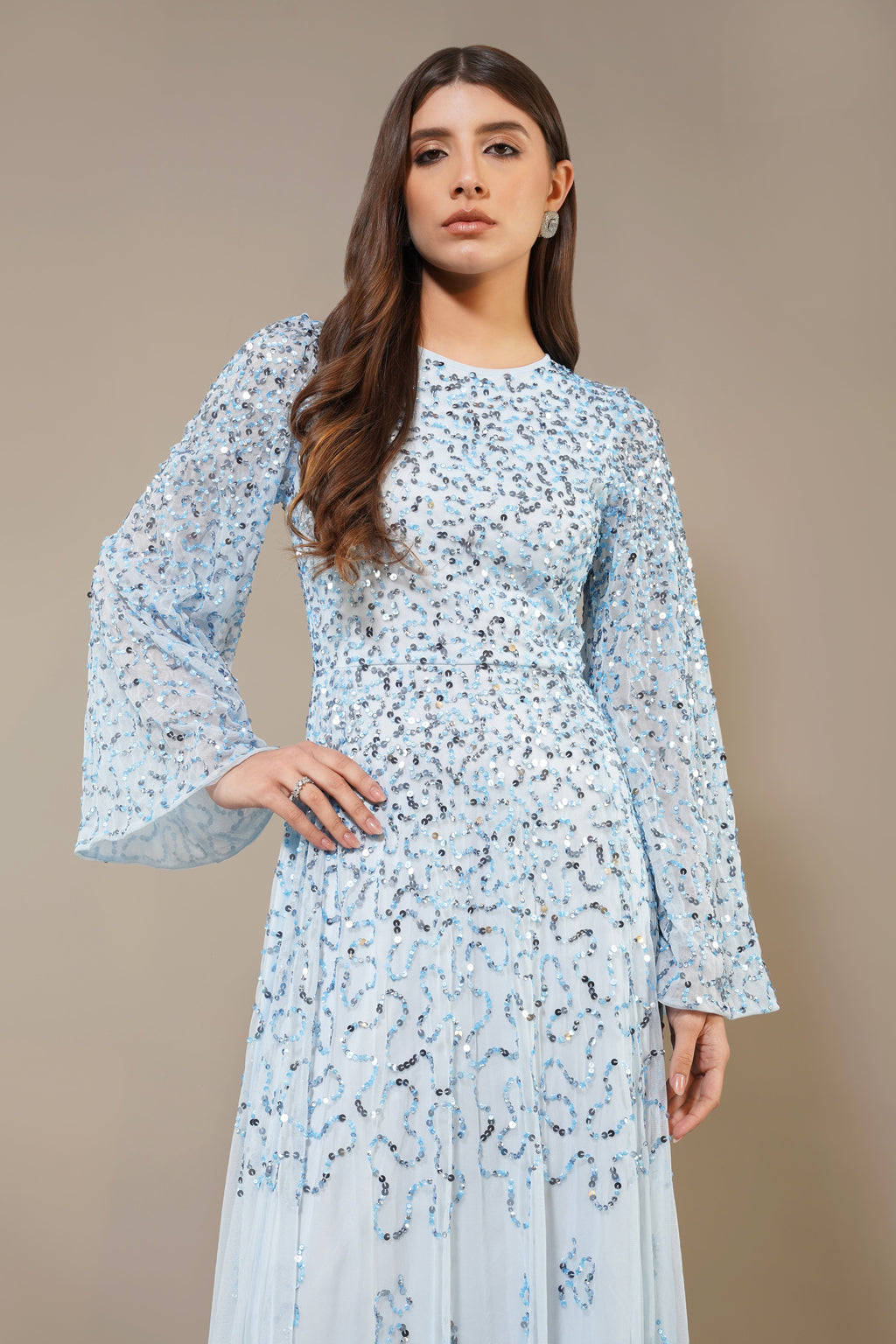 Sloane Long Sleeve Embellished Maxi Dress in Sky Blue